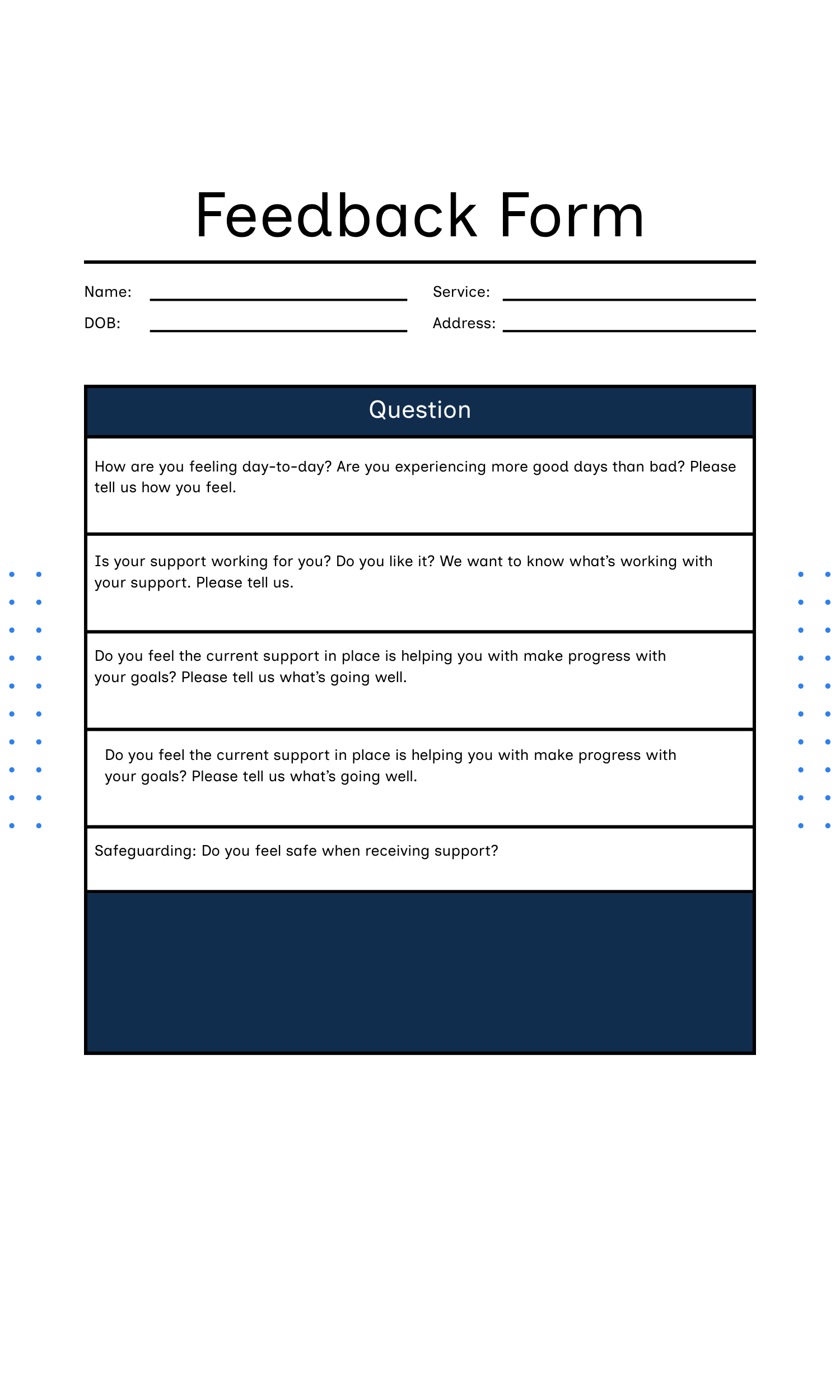 Social Care feedback form.

Please note: Company names, logos, and locations in this example have been modified or anonymized for confidentiality.
