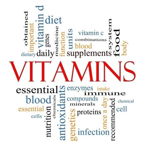 Wordcloud over vitamines en gezondheid met woorden zoals vitamines, bloed, supplementen, immuunsysteem, essentiële voedingsstoffen, en dagelijks gebruik.