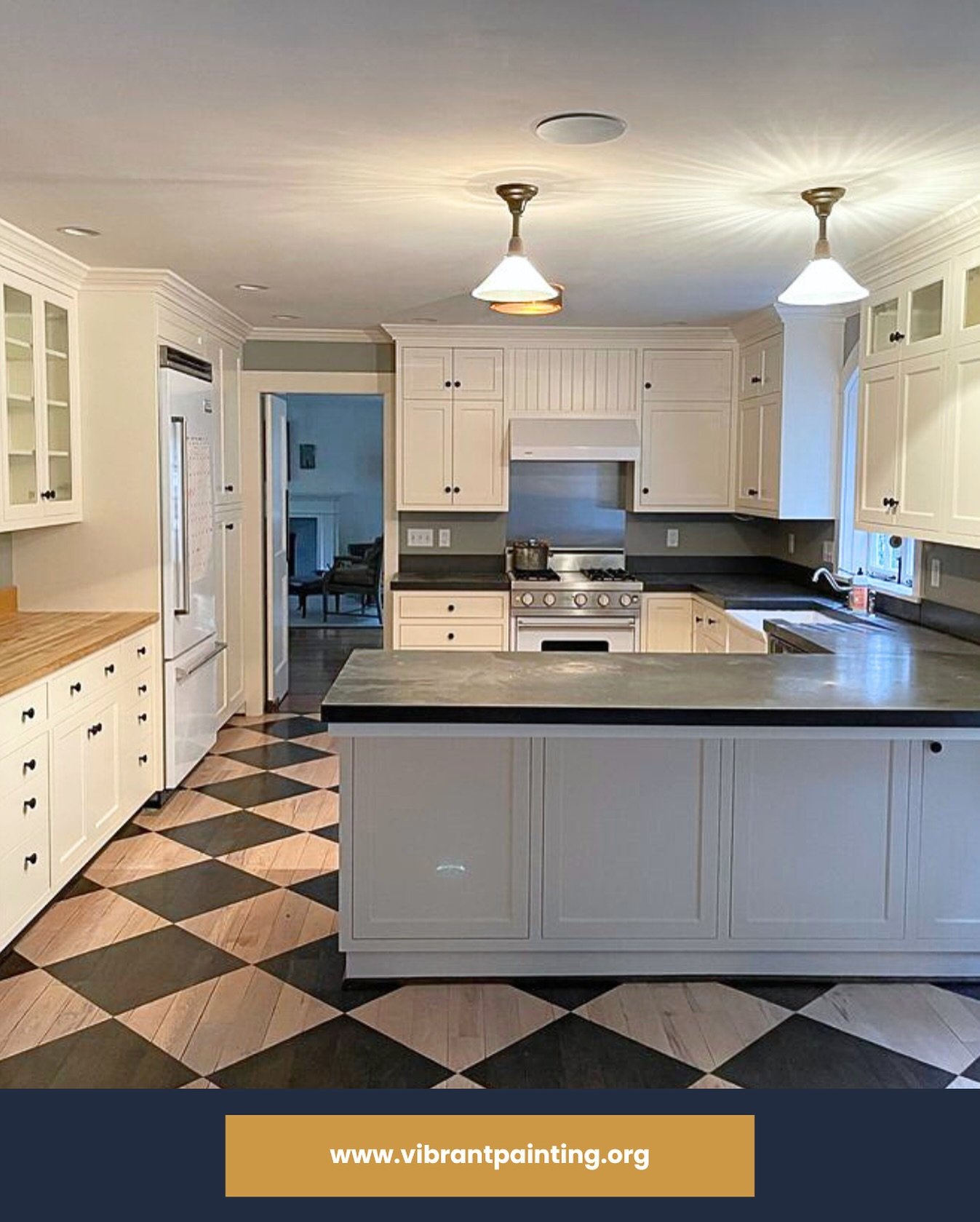 Timeless elegance, beautifully restored.

These cabinets were refinished in a warm white, creating a graceful balance with the dark counters and checkered floor.

Ready to refresh your kitchen? Let&rsquo;s get started.

// Vibrant Painting

📱559-354