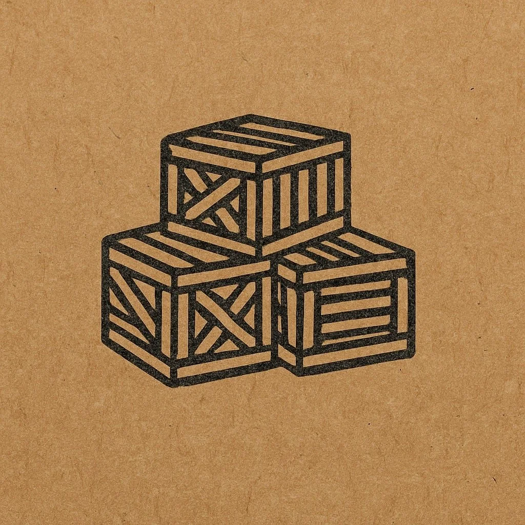 Sketch drawing of three cardboard crates stacked together on brown background.