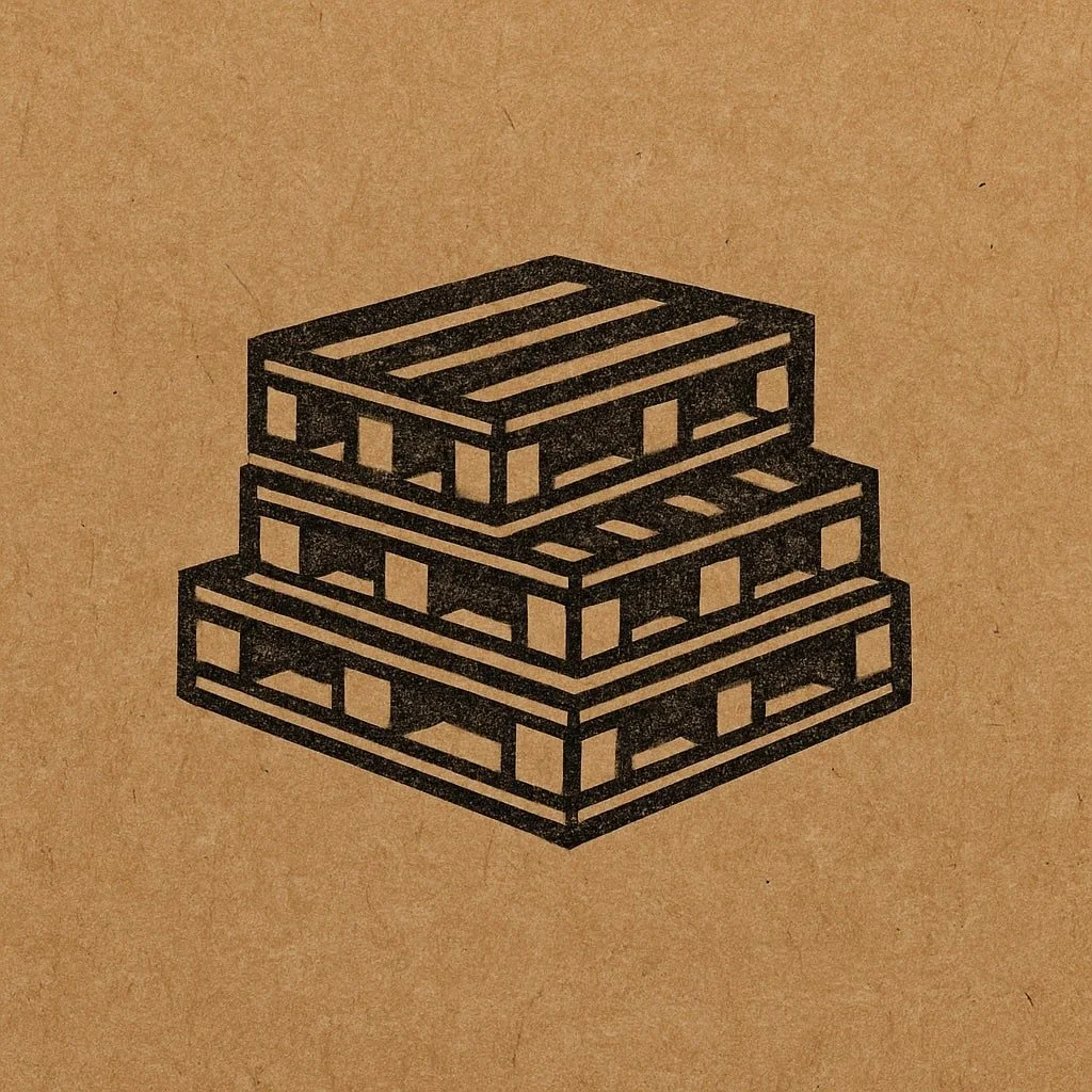 Black illustration of a pallet stacked with three wooden pallets on cardboard background.
