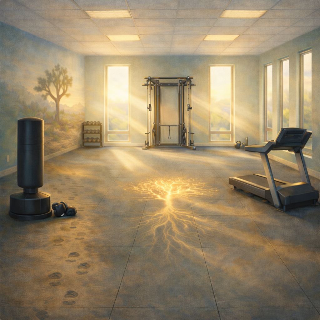 Mental health Gym in columbus, ohio with sunlight streaming through windows, a boxing bag, kettlebells, treadmill, and weight rack, with footprints and glowing light pattern on the floor.