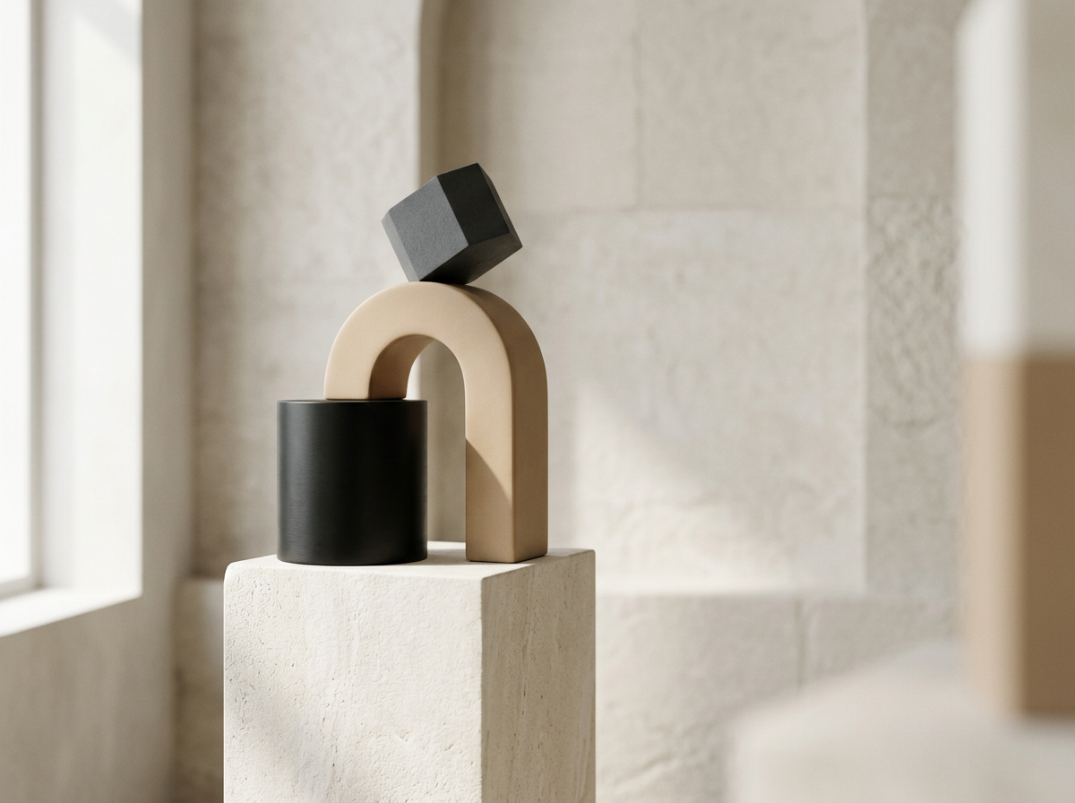 Abstract modern sculpture with geometric shapes in black, beige, and cream tones displayed on a pedestal in a bright gallery space.