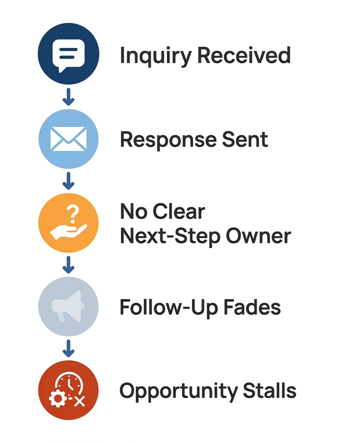 Flowchart illustrating a customer inquiry process: Inquiry Received, Response Sent, No Clear Next-Step Owner, Follow-Up Fades, Opportunity Stalls.