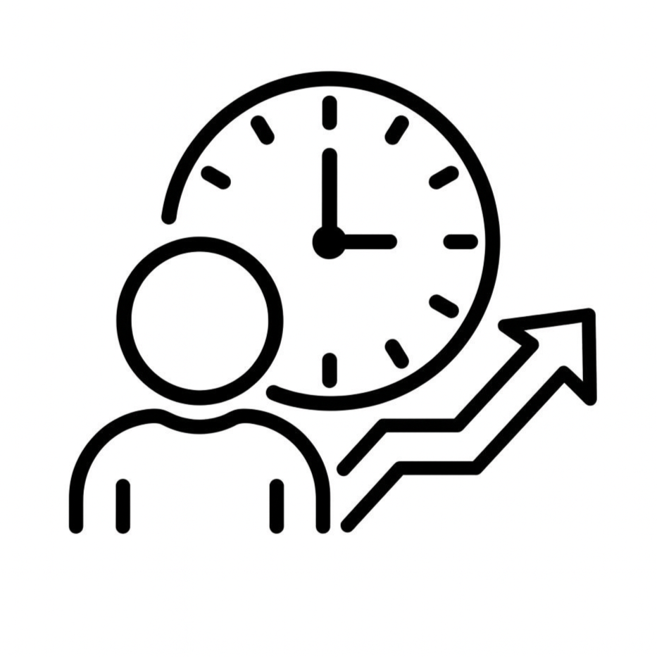 A person icon with a clock showing 3:00, and an upward trending arrow indicating growth over time.