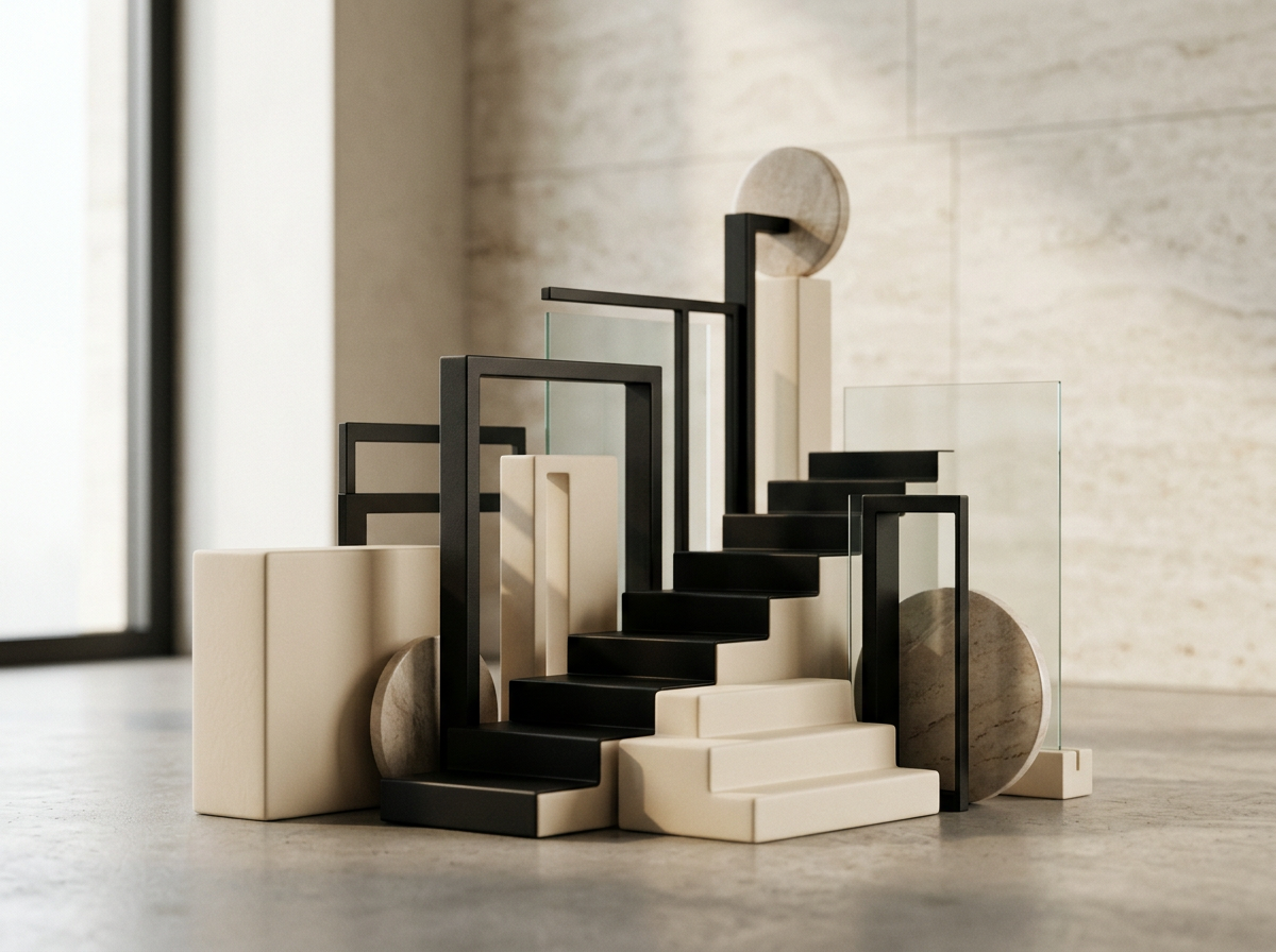 Abstract sculpture composed of geometric shapes, black and white stairs, and circular marble elements, placed on a concrete floor near a wall and window.