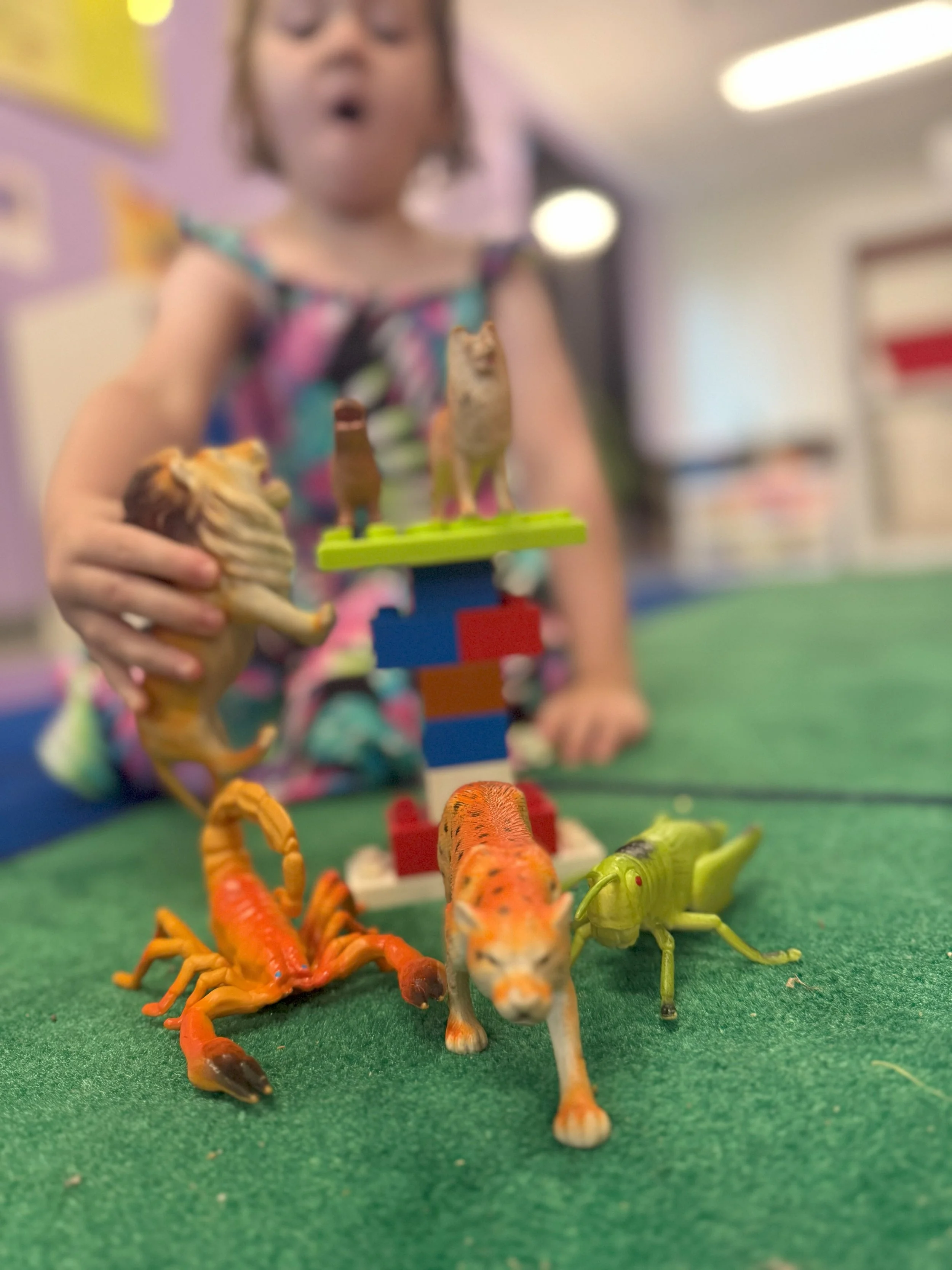 A young girl playing with toy animals.