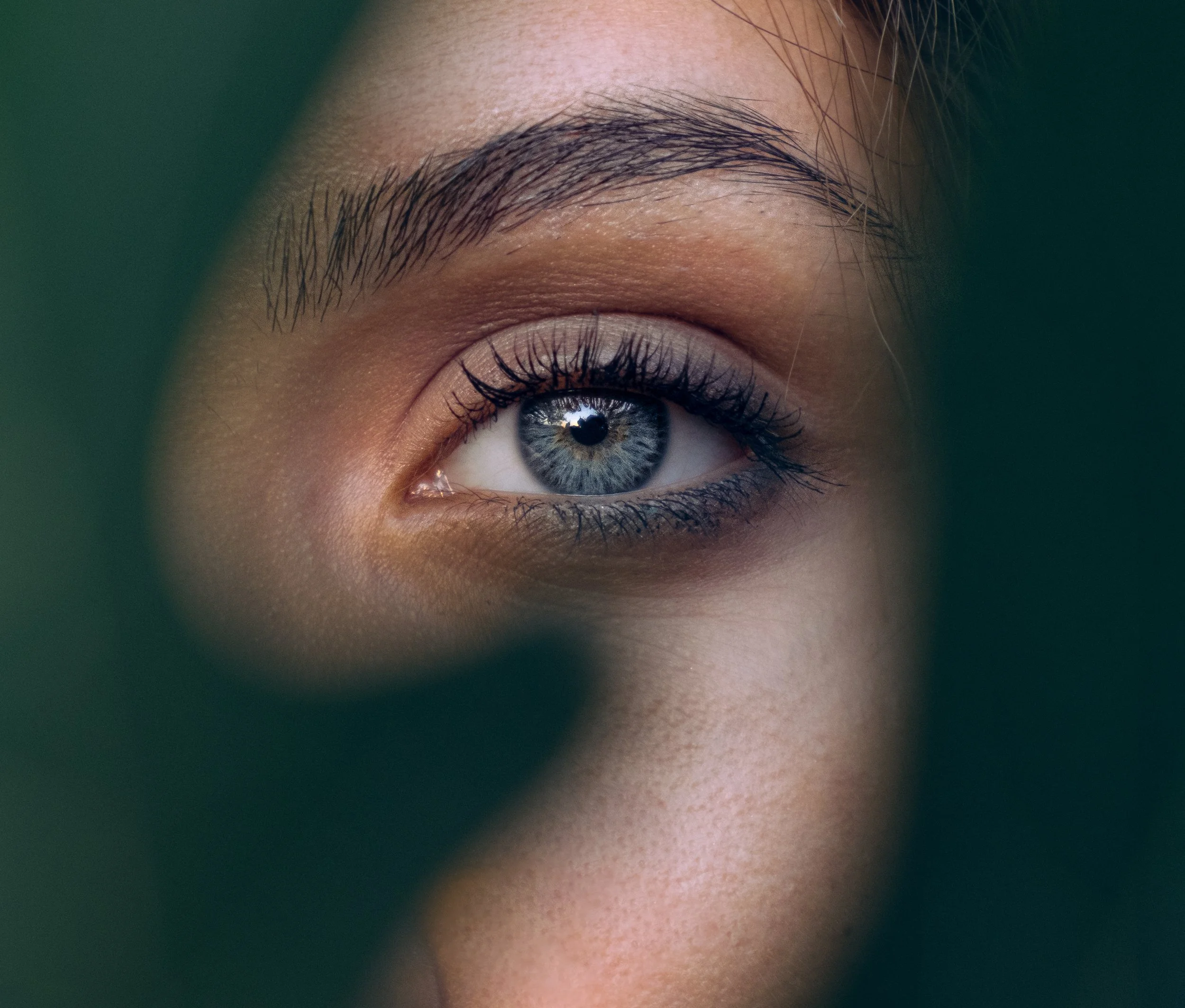 Close-up of a woman’s eye with makeup, featuring a blue iris, long eyelashes, and eyebrows, partially obscured by dark green leaves.