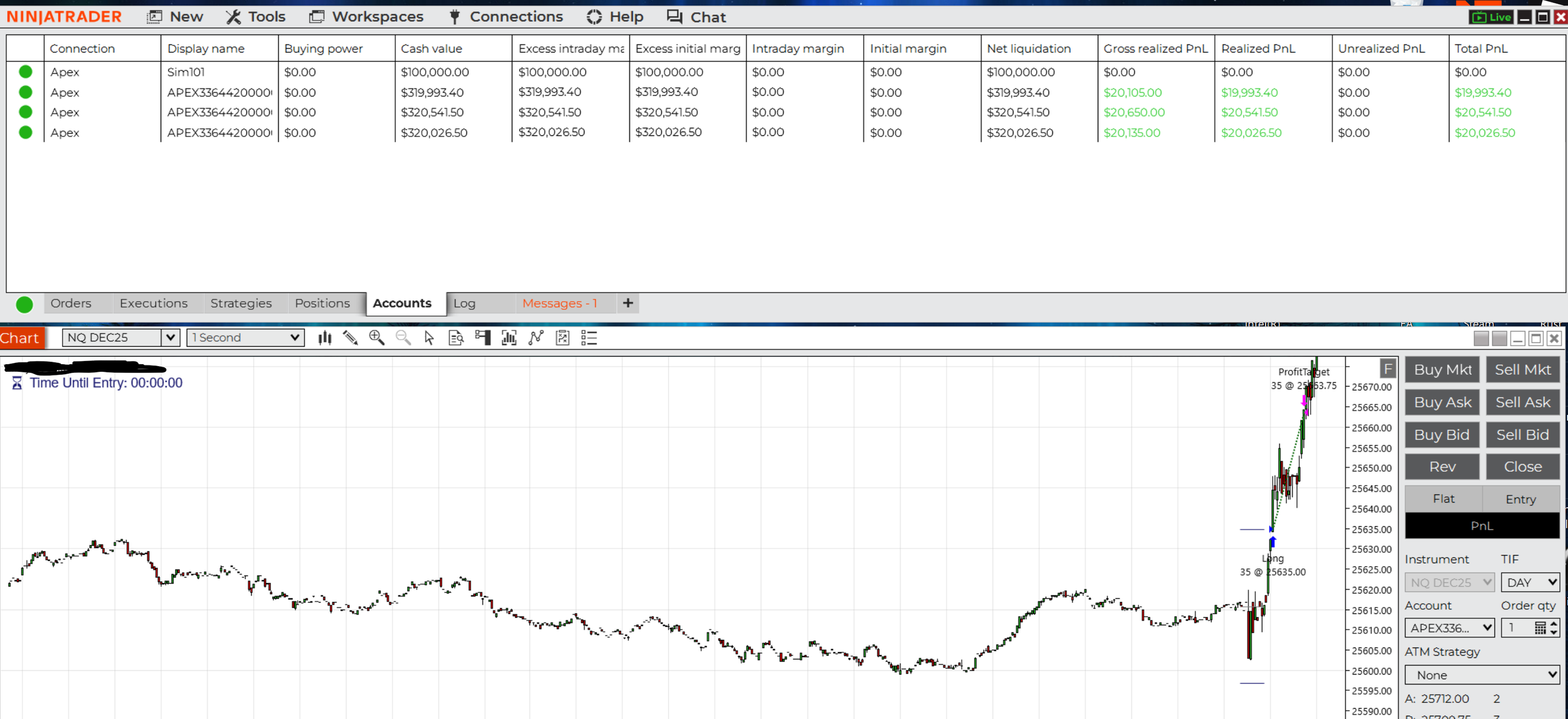 Trading software interface displaying live trading activity, charts, and account details with green indicators and various financial metrics.