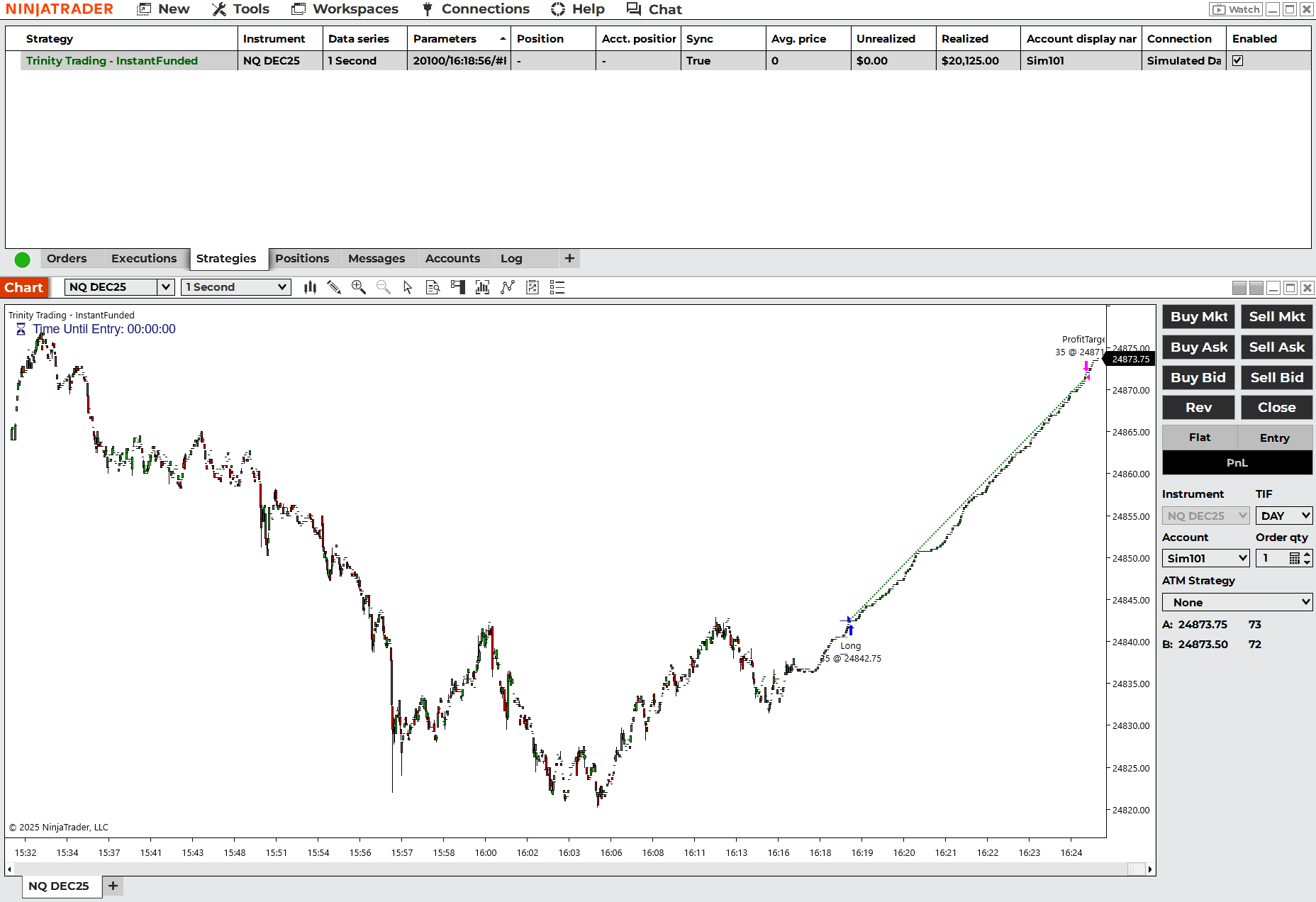 Screenshot of a trading platform displaying a chart of market activity for NQ DEC25. The chart shows a recent upward trend with trading options and order entries on the right side.