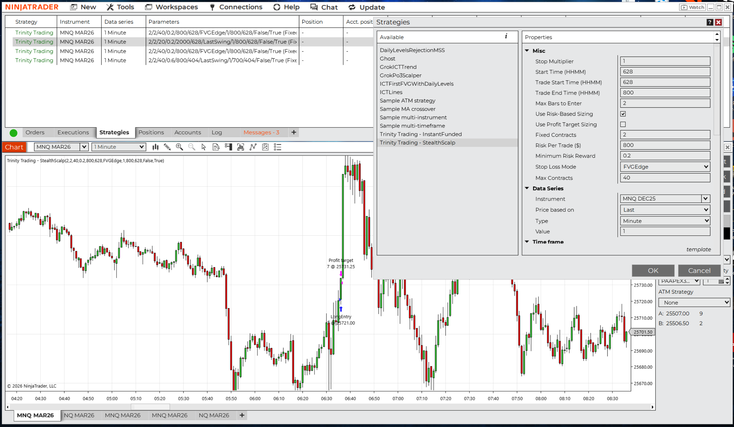 Screenshot of trading software interface showing a candlestick chart, strategy settings, and a list of active strategies and parameters for trading.