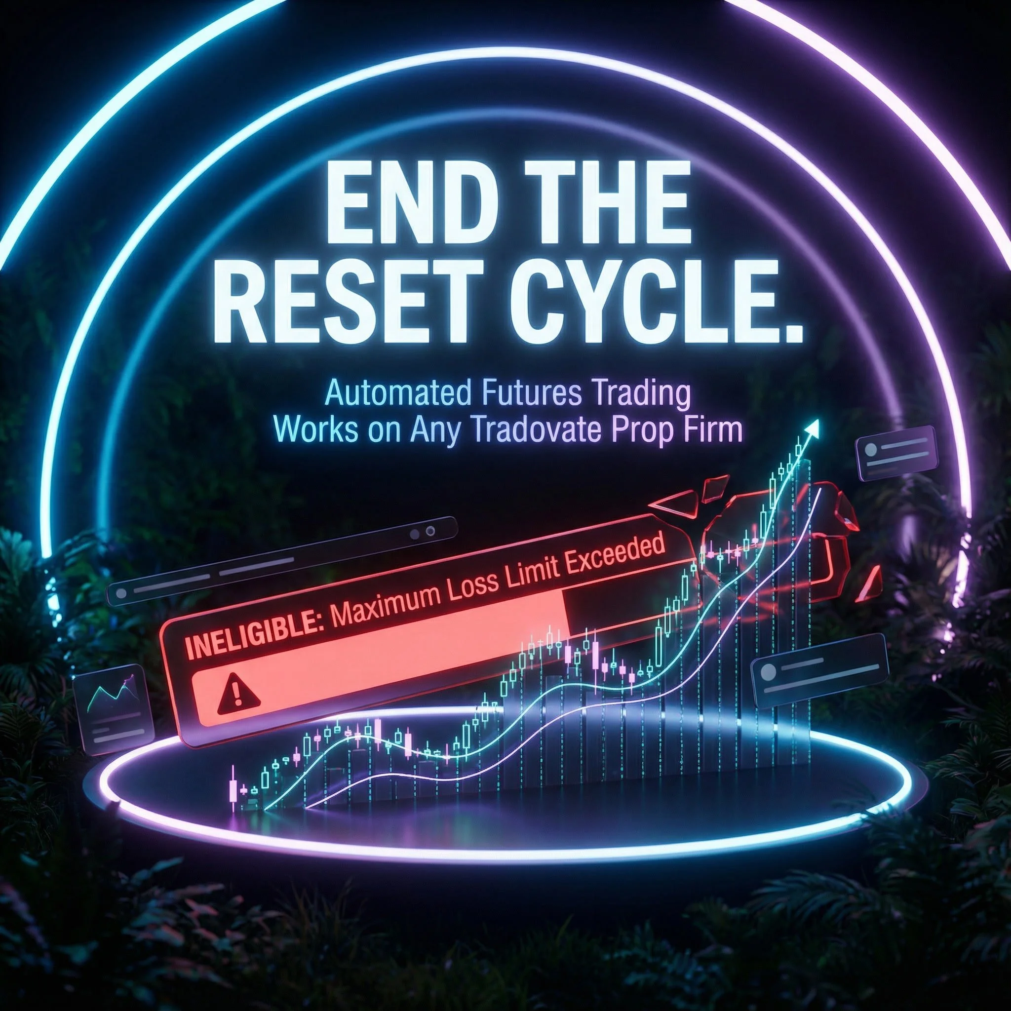 Digital graphic with neon lights and charts promoting ending the reset cycle in trading, featuring a warning message about exceeding loss limits.