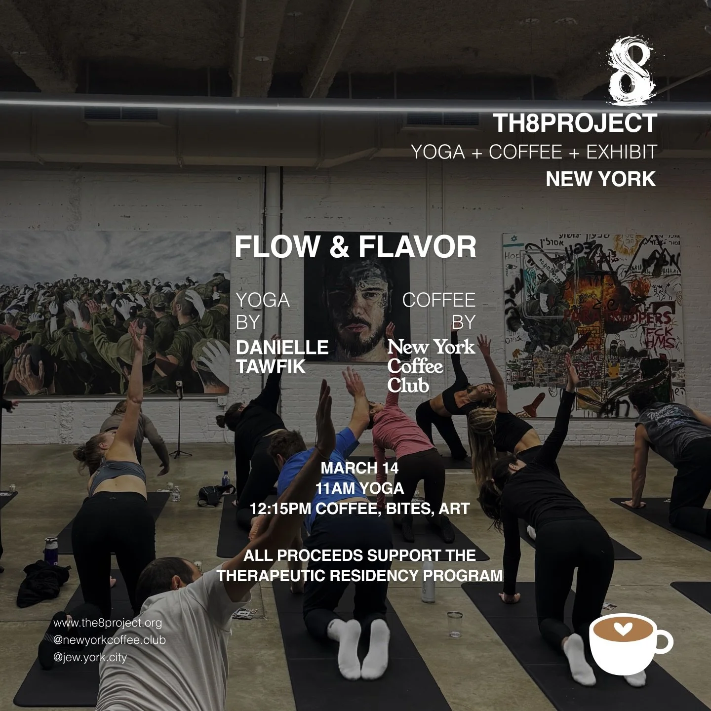Join us Saturday, March 14 for our 3rd Flow &amp; Flavor at @the.8.project NYC gallery.

A grounding, heart-opening flow led by @danielletawfik from 11&ndash;12🧘&zwj;♀️ followed by exceptional, precision-brewed coffee by @newyorkcoffeeclub, light bi
