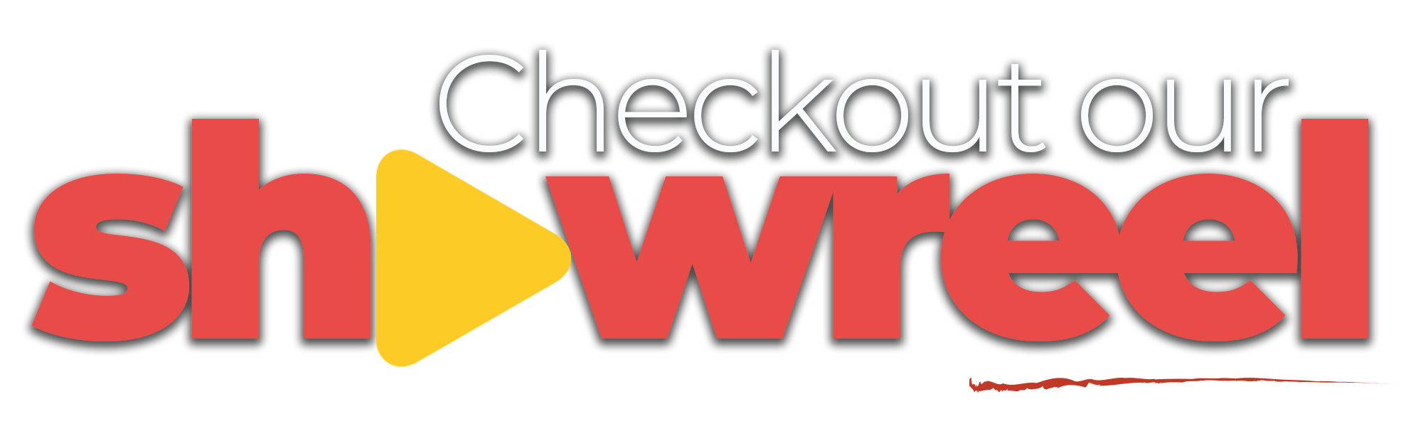 A promotional graphic with the text "Checkout our shwreel" in large, bold, red and white letters on a black background. The letter "i" in "shwreel" is replaced by a yellow file folder icon.