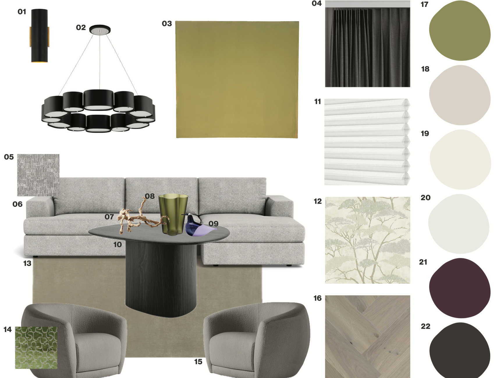 Living room sample board by Philadelphia interior designer Austin Seeley Interiors featuring a modern neutral sectional sofa, accent chairs, wood coffee table, lighting, textiles, paint palette, and materials for a residential interior design project