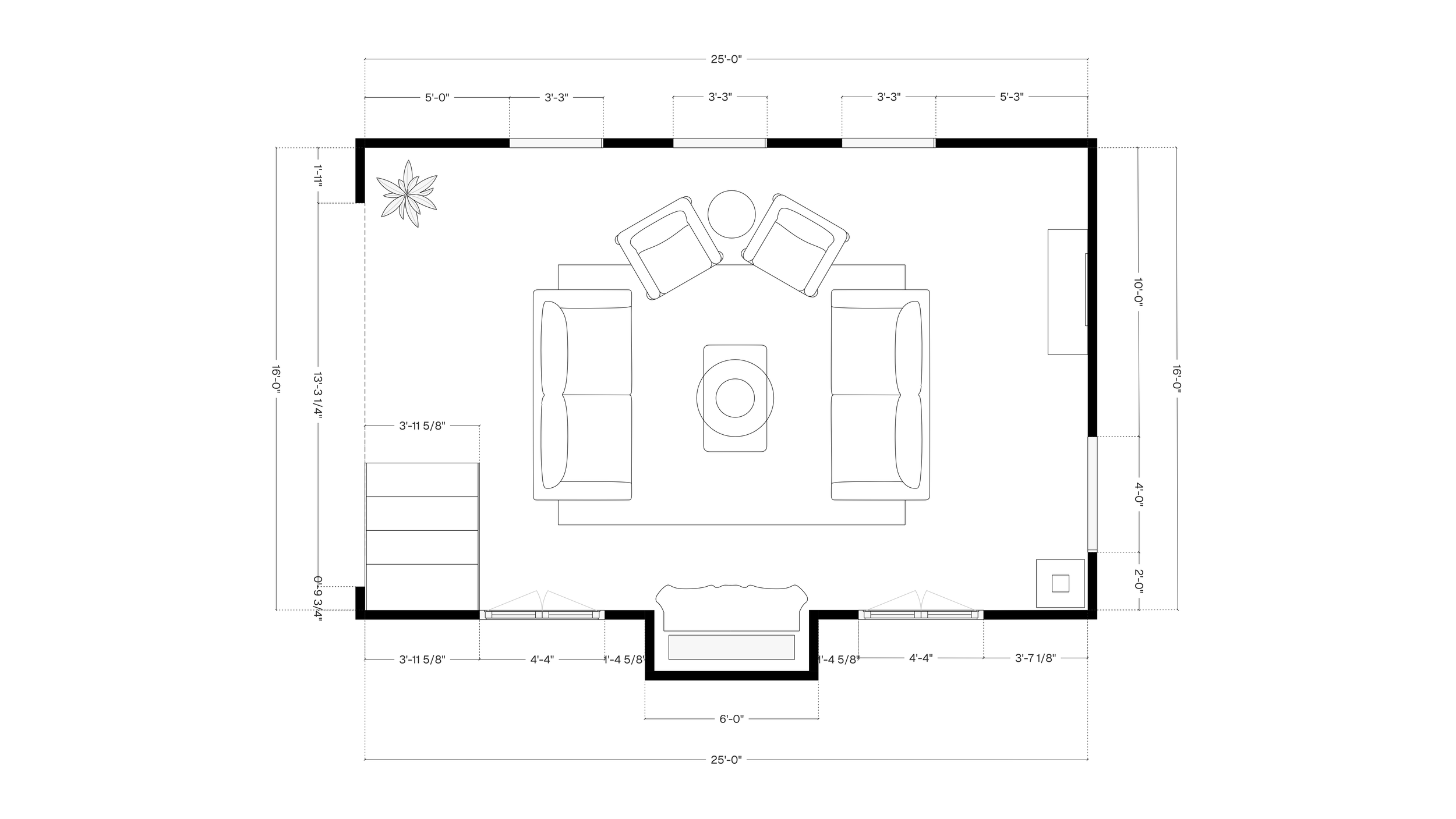 Scandinavian meets mid-century living room floor plan by Philadelphia interior designer Austin Seeley, featuring a balanced furniture layout with sofa and accent chairs.