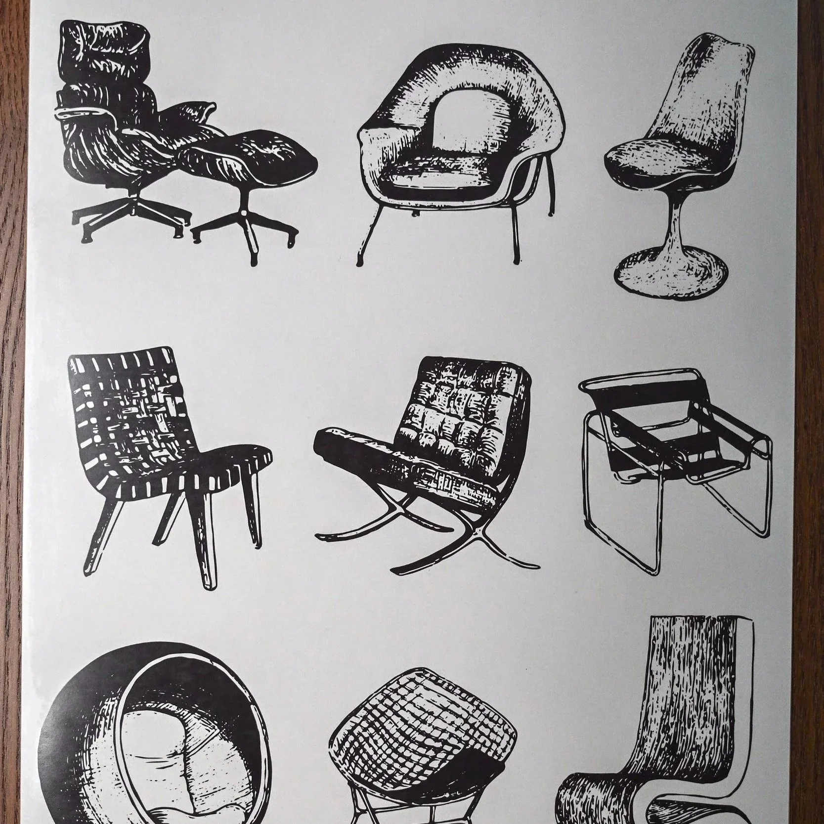 Black-and-white illustrated sketches of mid-century modern chairs, highlighting timeless furniture design and inspiration for sustainable interior design.