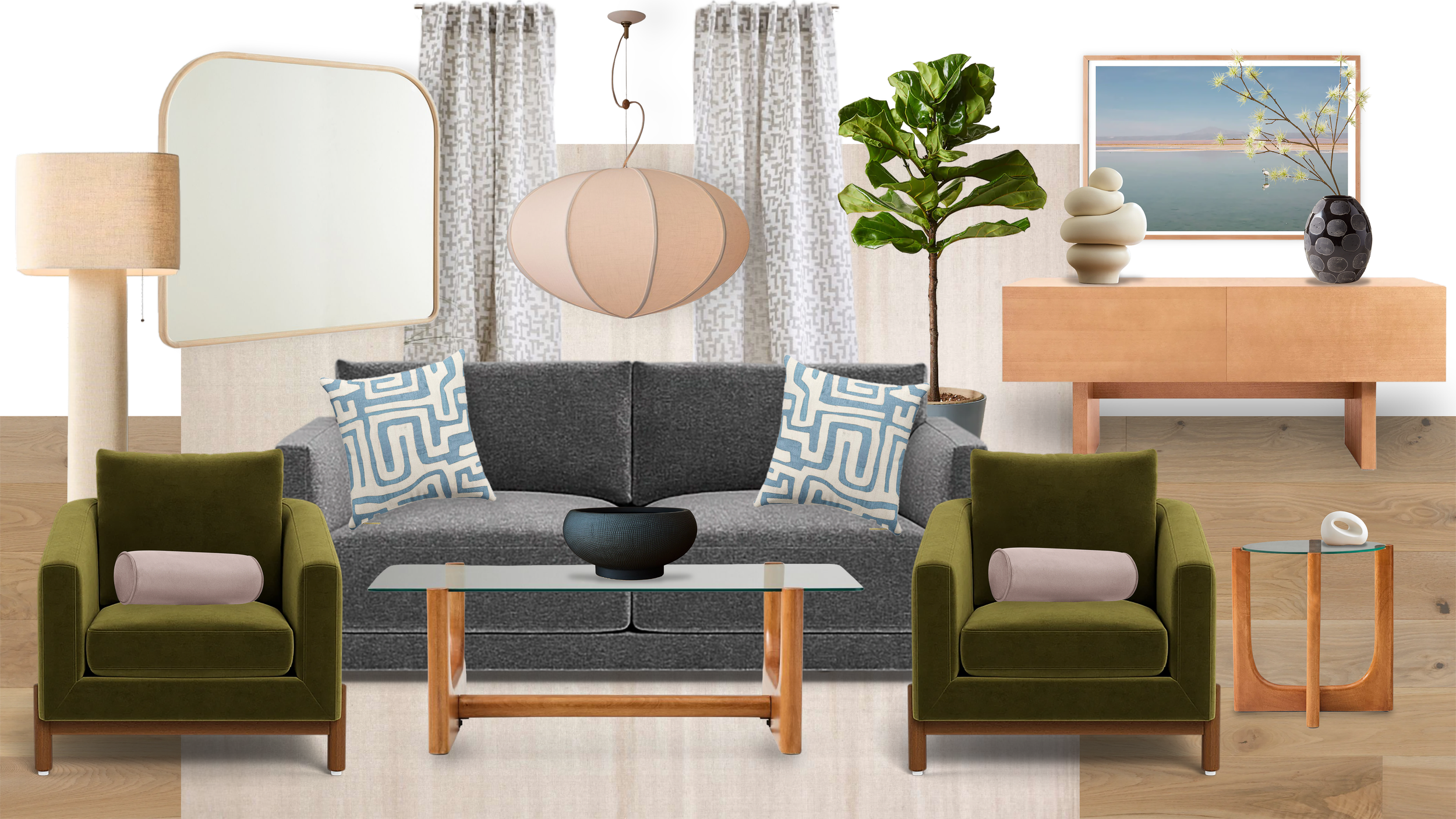 Scandinavian and mid-century modern living room design concept board with neutral tones, olive chairs, wood furniture, and layered textures by Austin Seeley Interiors.
