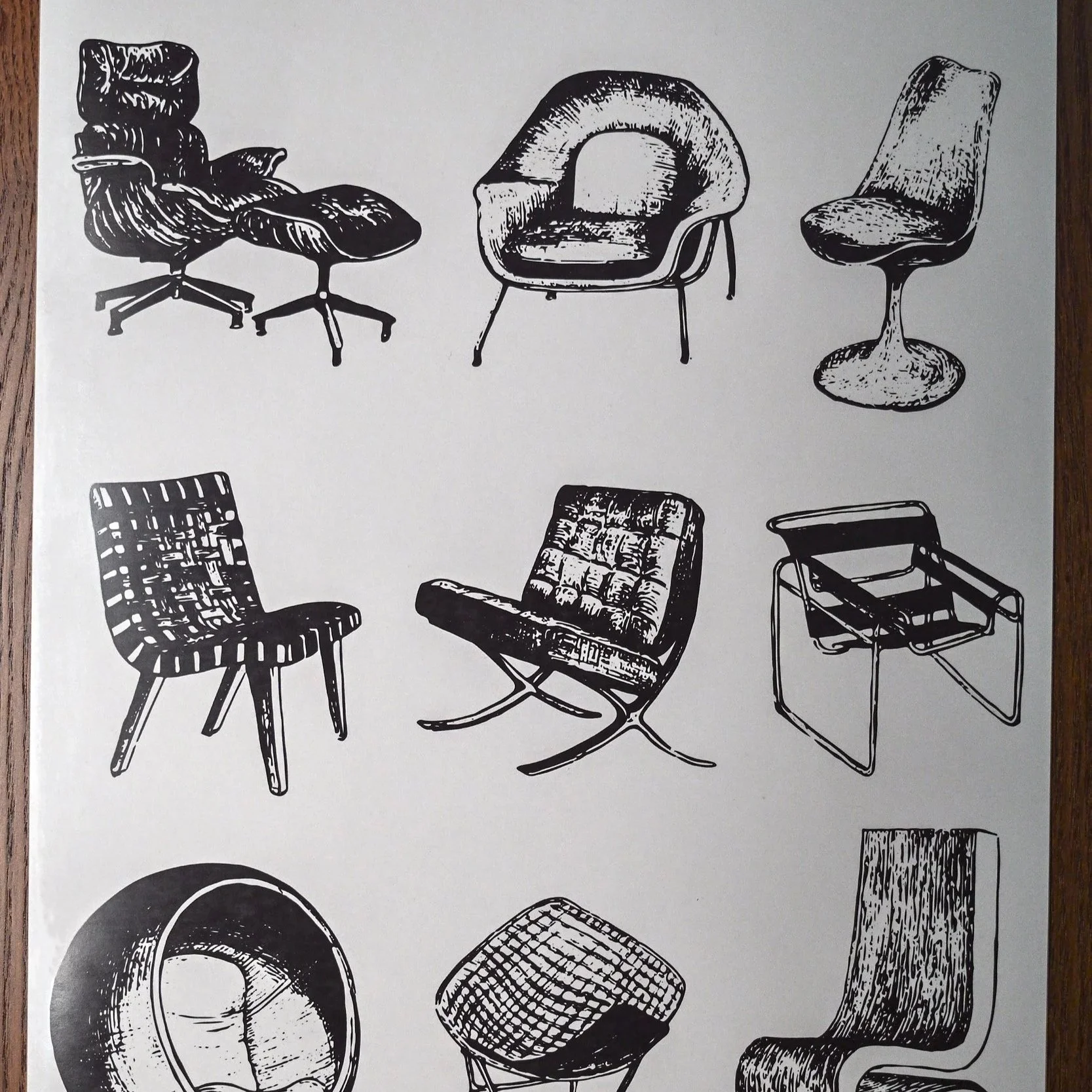 Black-and-white illustrated sketches of mid-century modern chairs, highlighting timeless furniture design and inspiration for sustainable interior design.