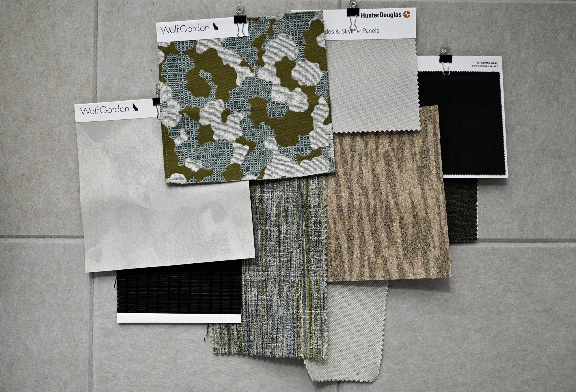 Material selection board by Philadelphia interior designer Austin Seeley featuring curated fabric, wallcovering, and finish samples for a sustainable residential design project.