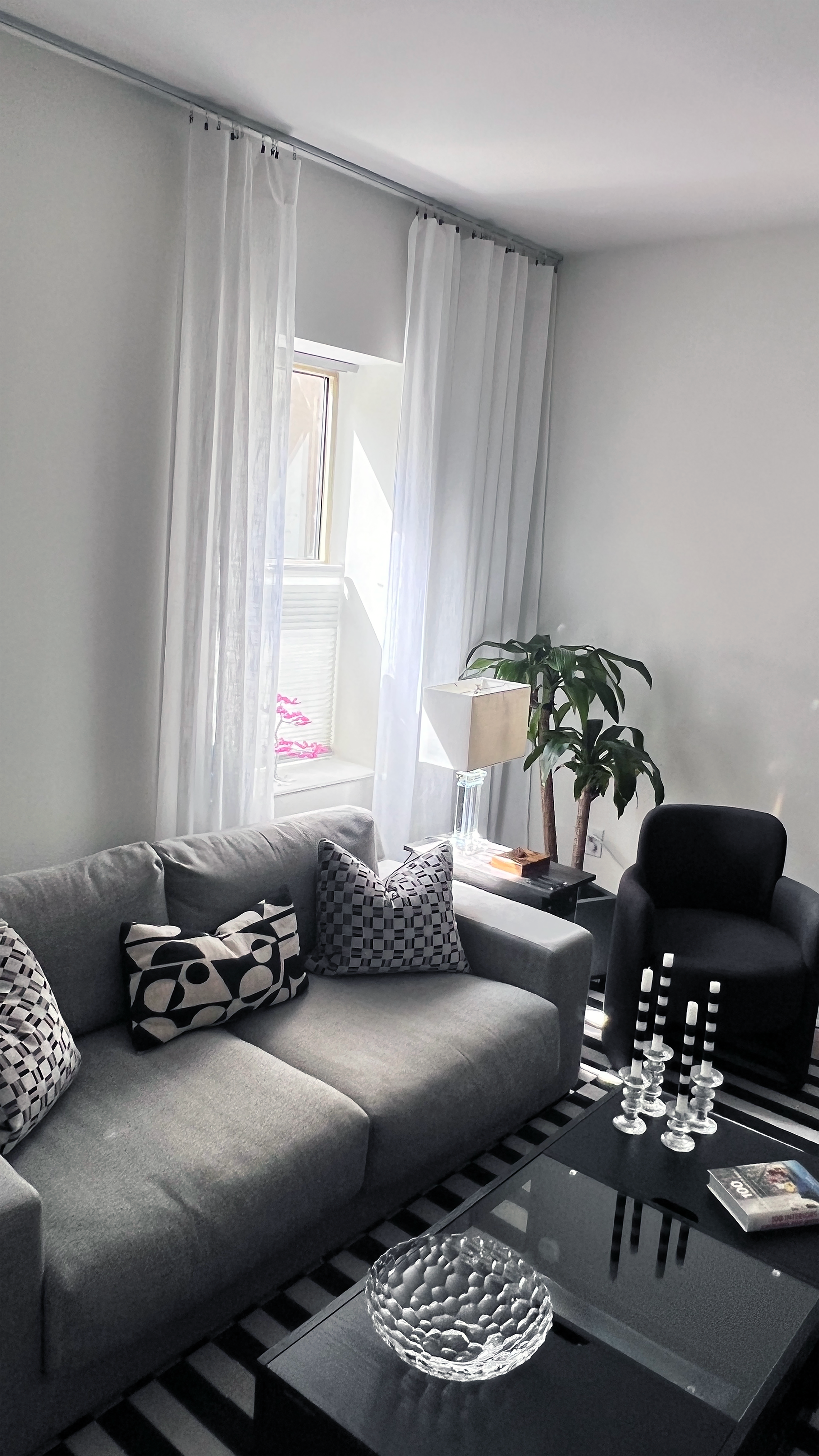 3. living room full view Contemporary living room with layered black and white decor, modern furniture, and potted plant – Berger Building interior design by Austin Seeley Interiors, Philadelphia.
