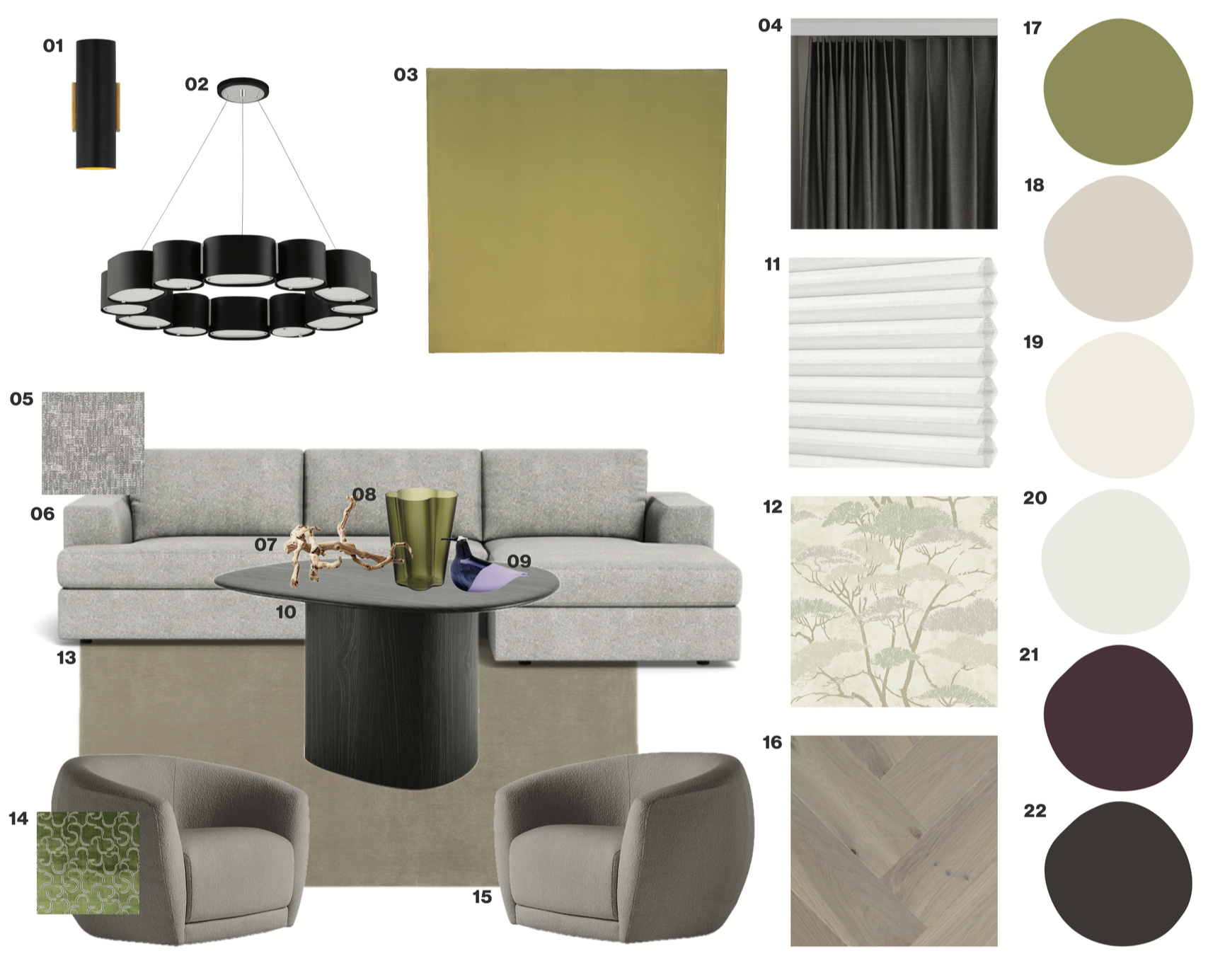 A mood board of living room design elements including a black chandelier, black curtain fabric, gray textured wallpaper, yellow-green paint, a gray fabric sofa, a round black coffee table, two gray armchairs, decorative accessories, and neutral color swatches.
