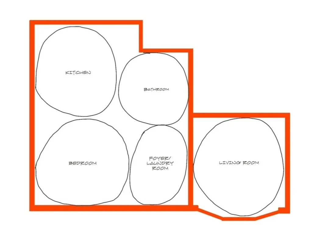 Space planning bubble diagram for a Rochester NY garage conversion into an accessible in-law suite.
