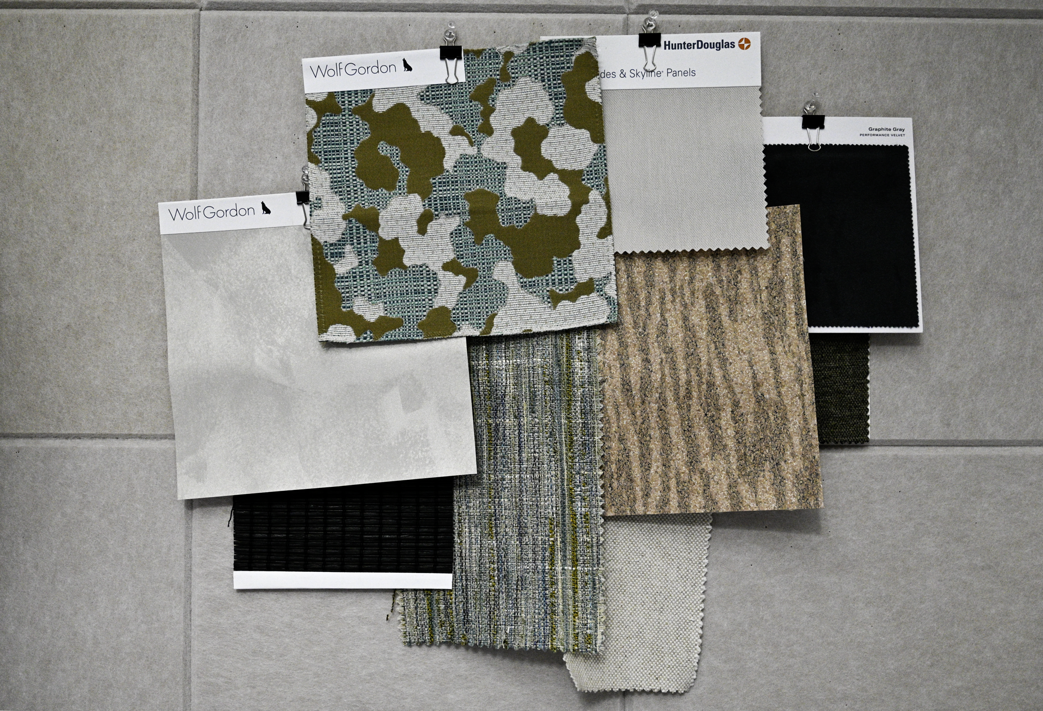 Material selection board by Philadelphia interior designer Austin Seeley featuring curated fabric, wallcovering, and finish samples for a sustainable residential design project.
