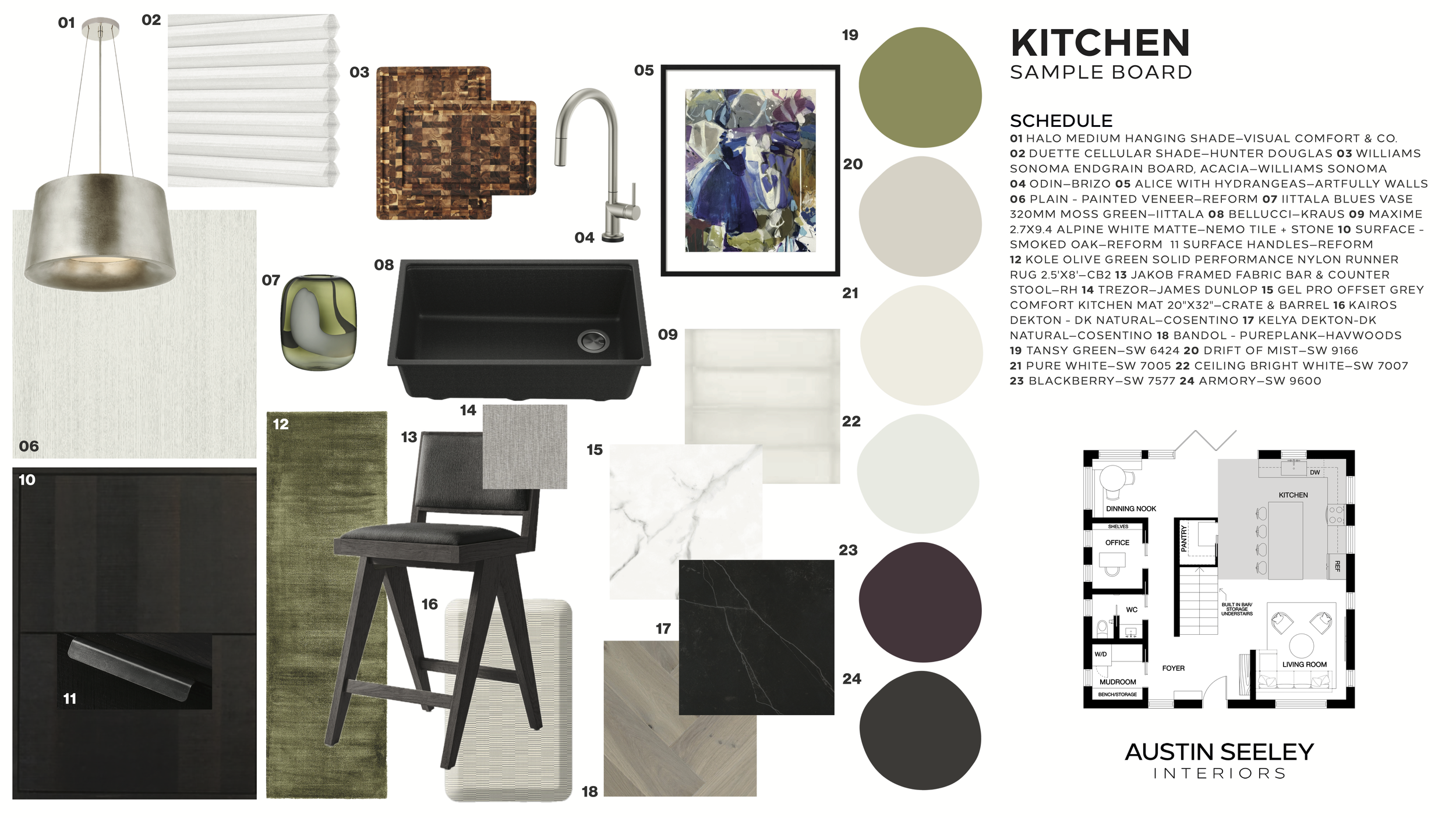 Kitchen design board for Bryn Mawr Residence renovation with black sink, marble surfaces, wood flooring, and Main Line modern interior style.