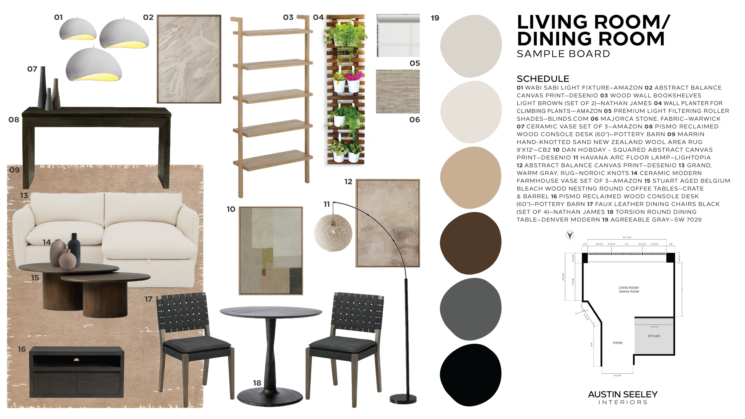 Interior design sample board for 600 on Broad featuring warm neutral tones, textured fabrics, wood furniture, and modern lighting selections.