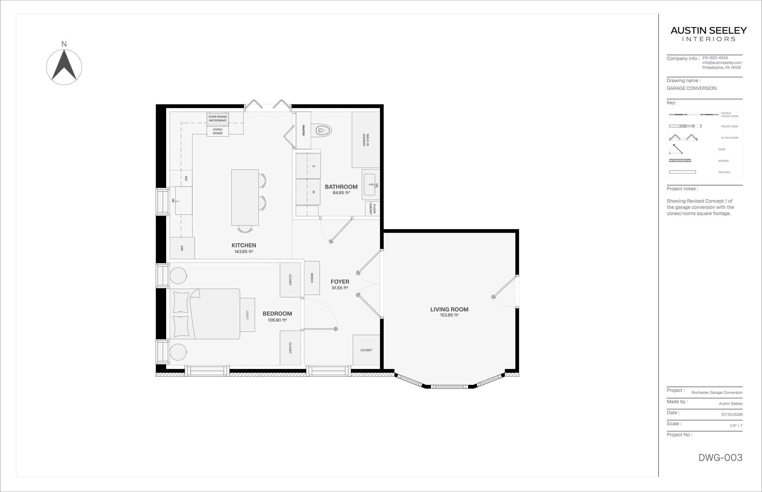 Rochester NY garage conversion space planning with room square footage and layout.