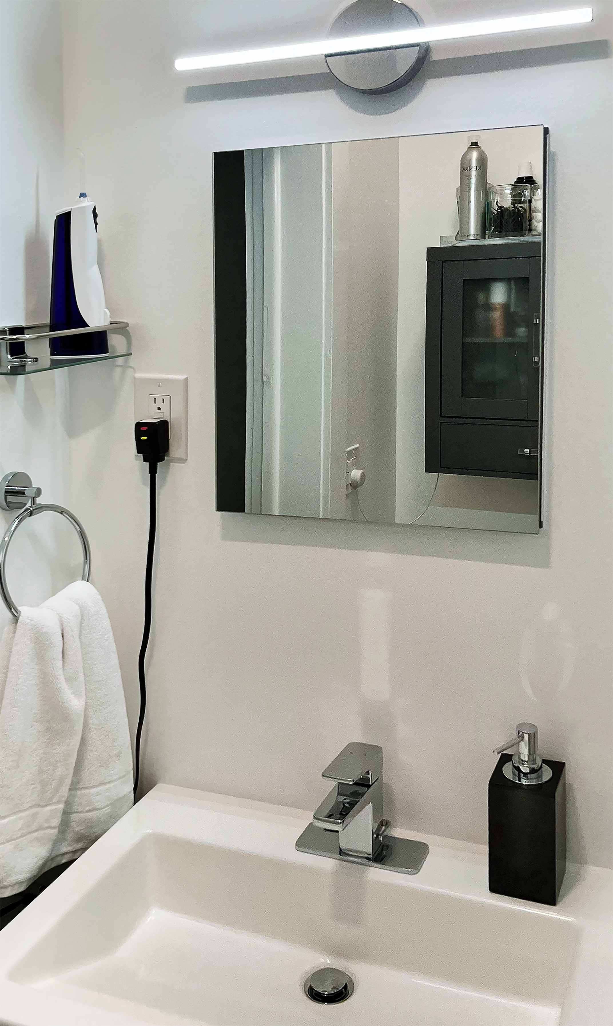 Wall-mounted mirror, LED Vanity Light, Chrome Fixtures — Corning Apartment 101.