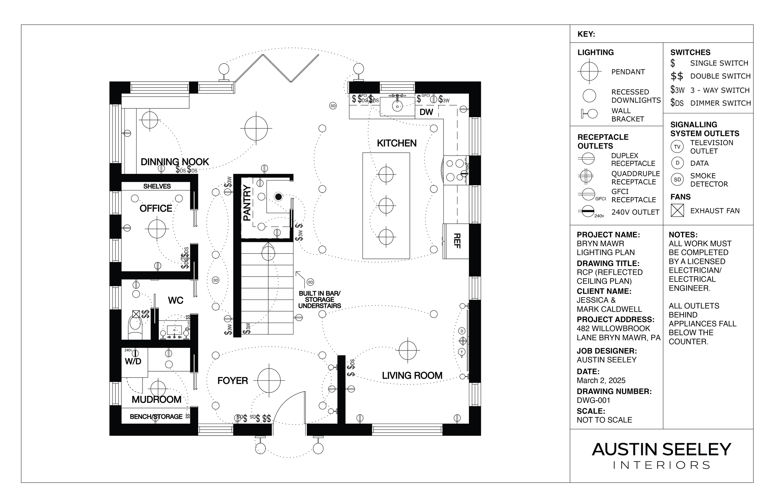 Bryn Mawr Residence architectural floor plans, RCP (Reflected Ceiling Plan) for kitchen, dining nook, living room, and bathroom renovation by Austin Seeley Interiors.