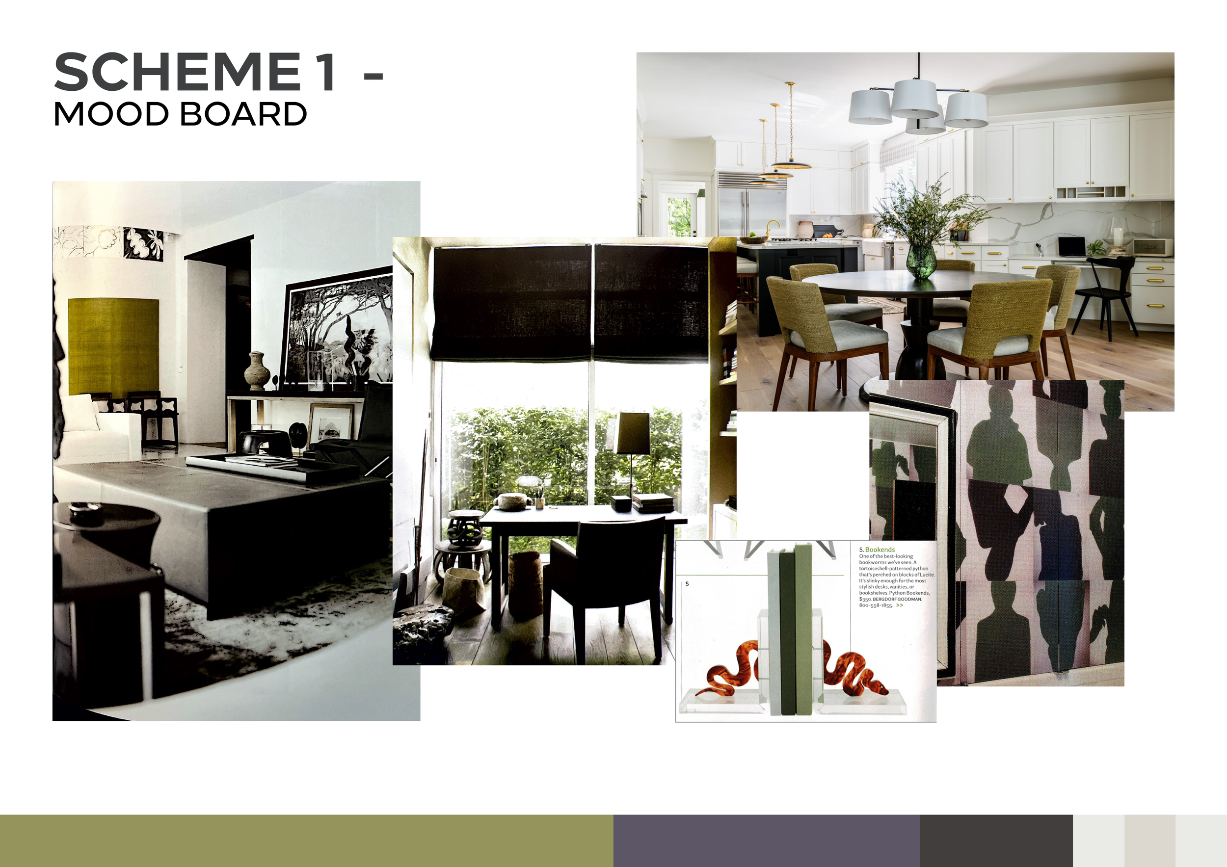 Interior design mood board for Bryn Mawr Residence kitchen and living room renovation with modern furniture and green accent tones.