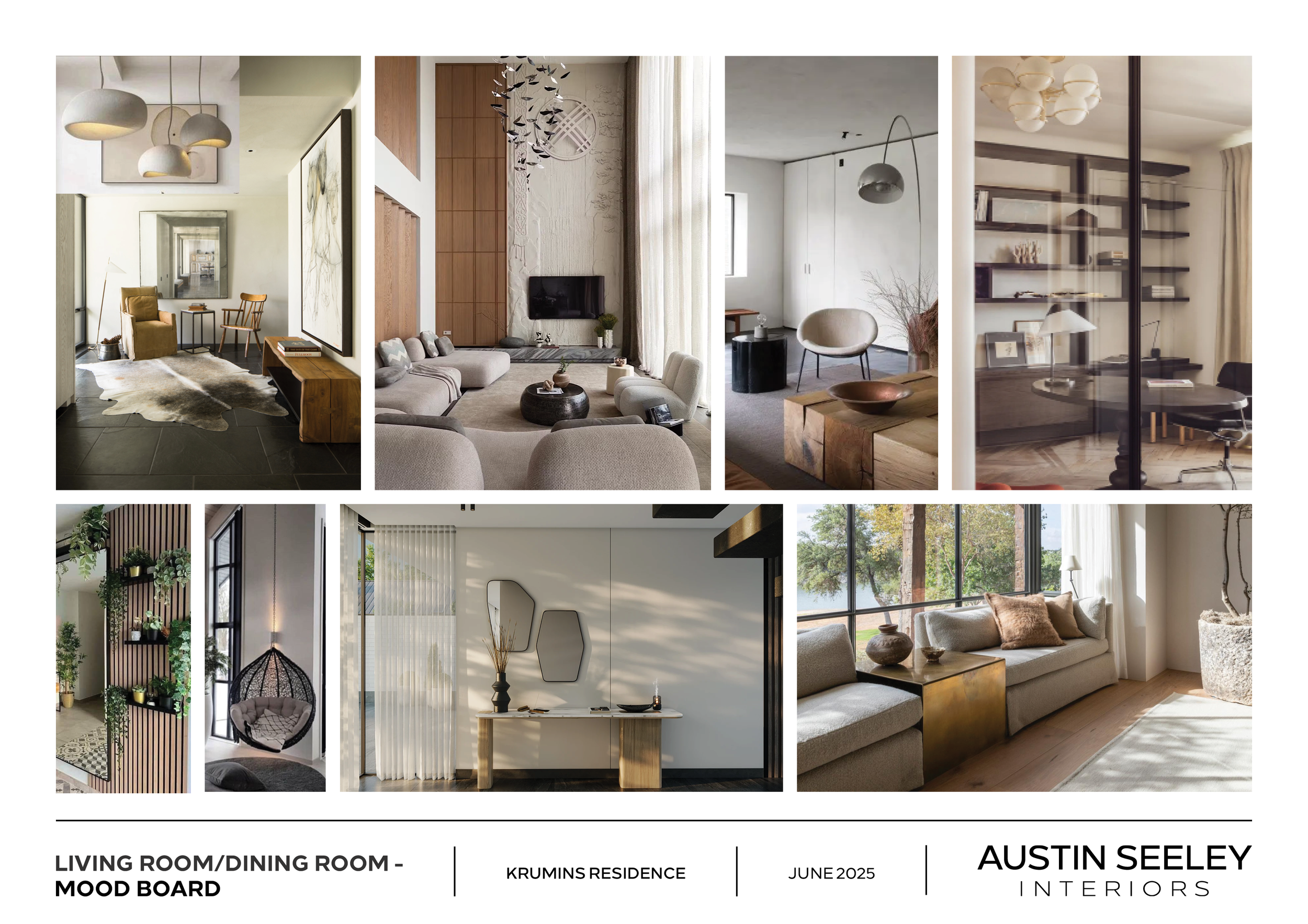 Description and mood board for 600 on Broad featuring modern living room and dining space inspiration with organic textures and warm neutrals.