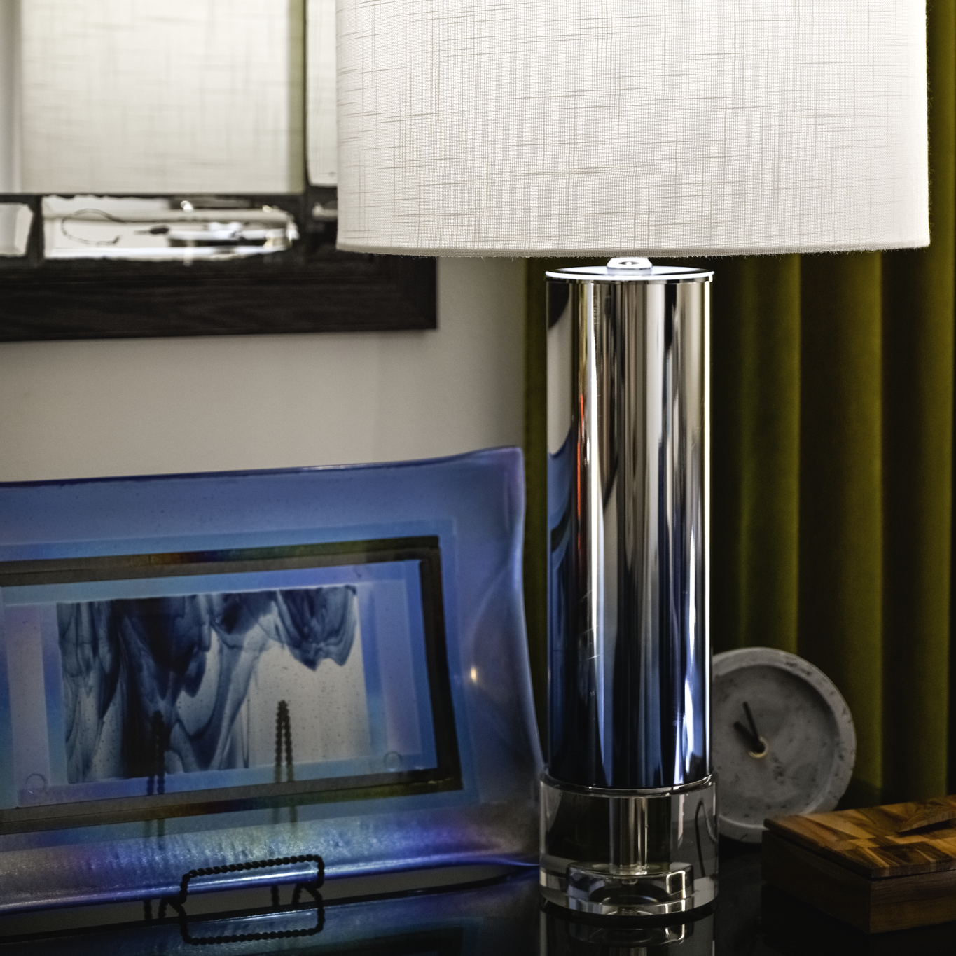 Luxury living room styling detail featuring chrome table lamp and textured shade by Philadelphia interior designer Austin Seeley Interiors
