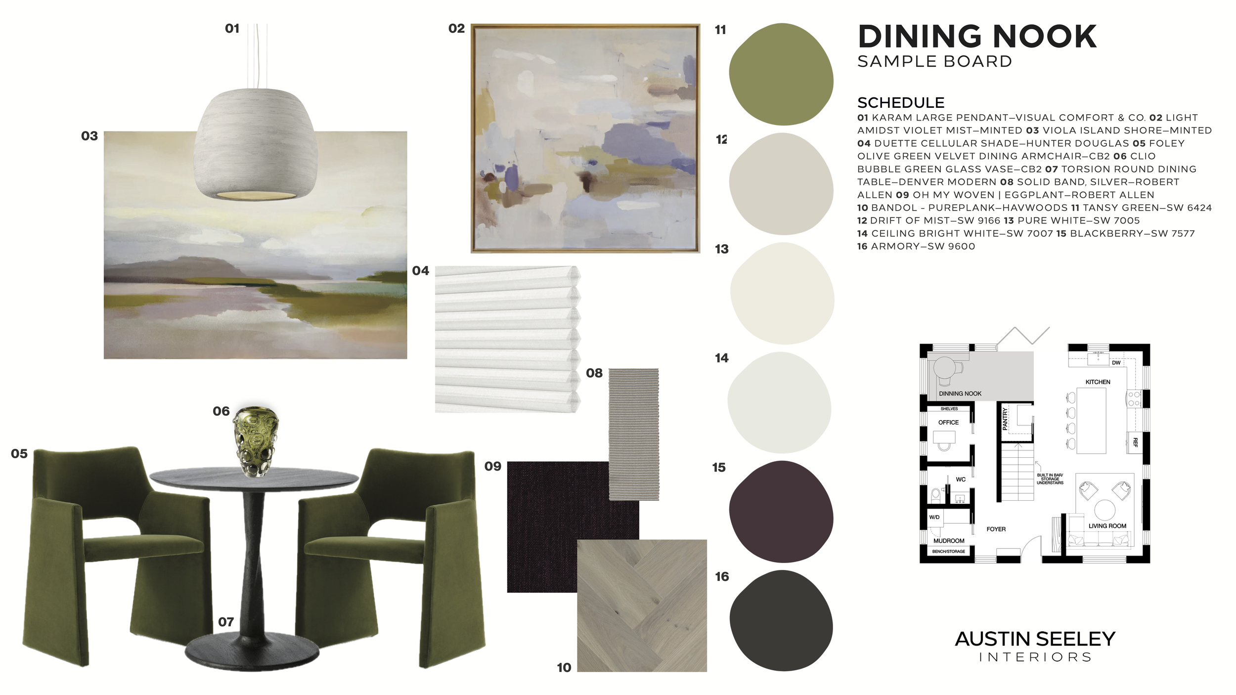 Dining nook design for Bryn Mawr Residence with green velvet chairs, round black table, pendant lighting, and transitional interior style.