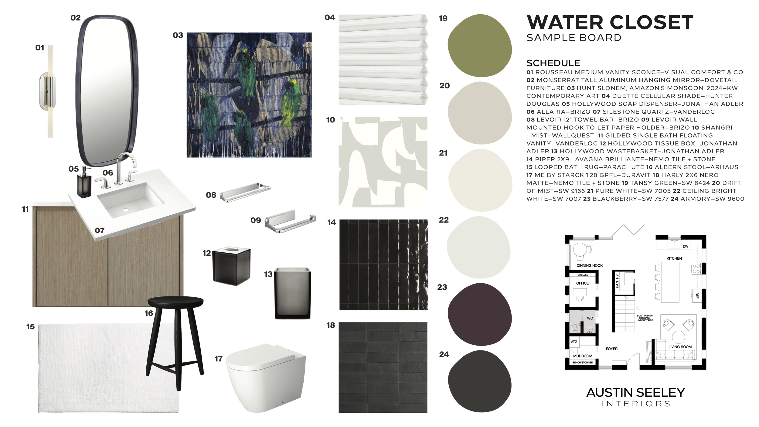 Modern water closet design for Bryn Mawr Residence featuring custom vanity, black tile, wall art, and Philadelphia-area luxury bathroom finishes.