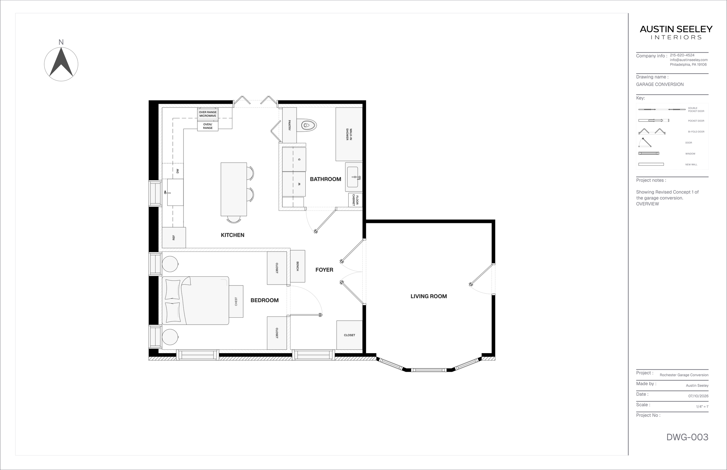 Rochester NY garage conversion floor plan with kitchen, bedroom, bath and living room.