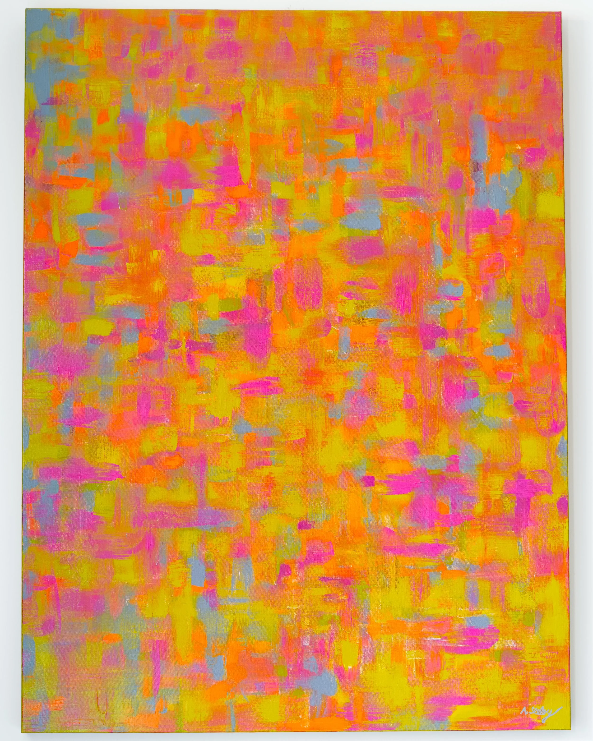 Original colorful abstract painting in pink, orange, yellow, and blue for The Collected Flat in Philadelphia.