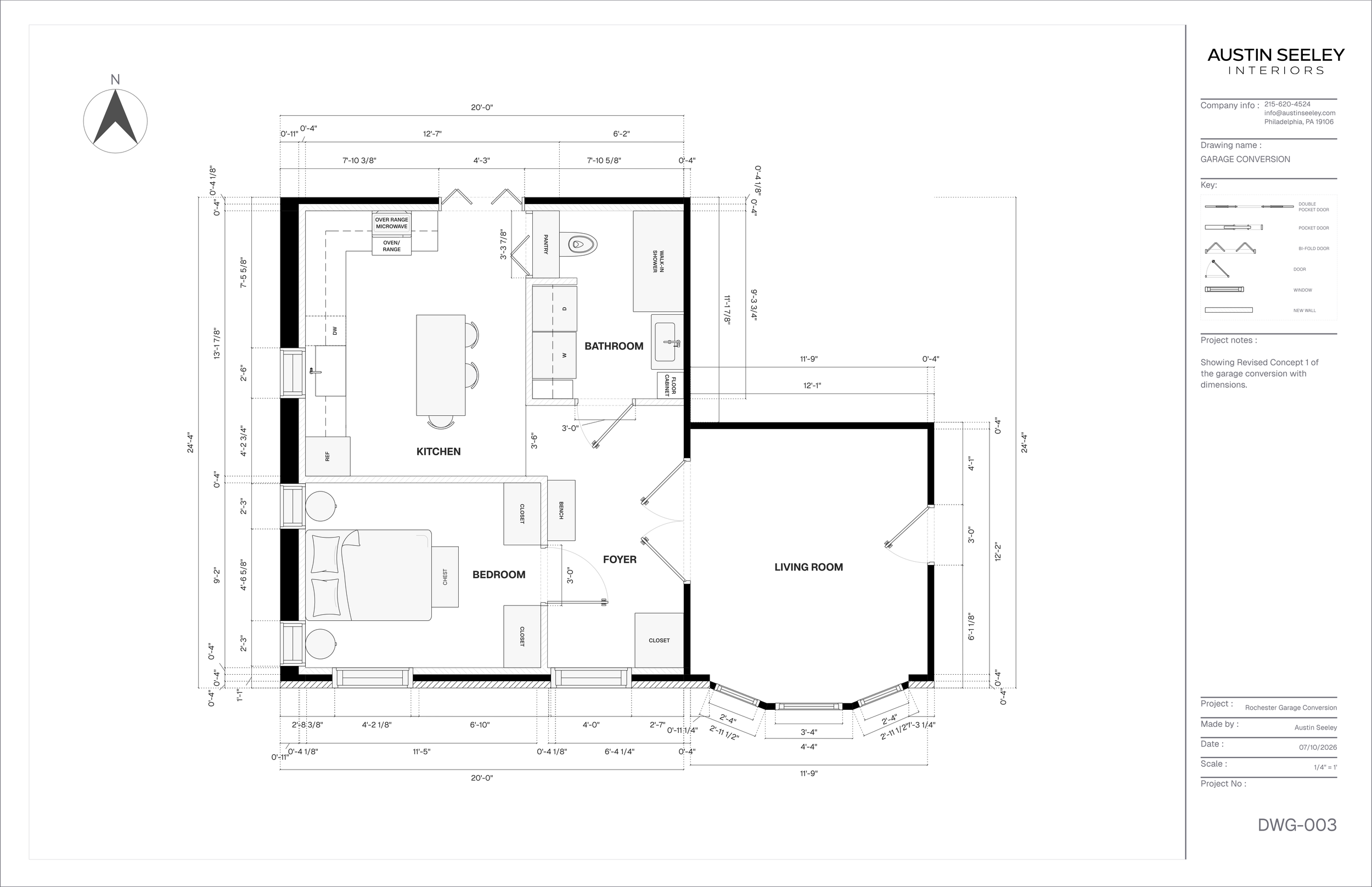 Rochester NY garage conversion dimensioned floor plan by Austin Seeley Interiors.