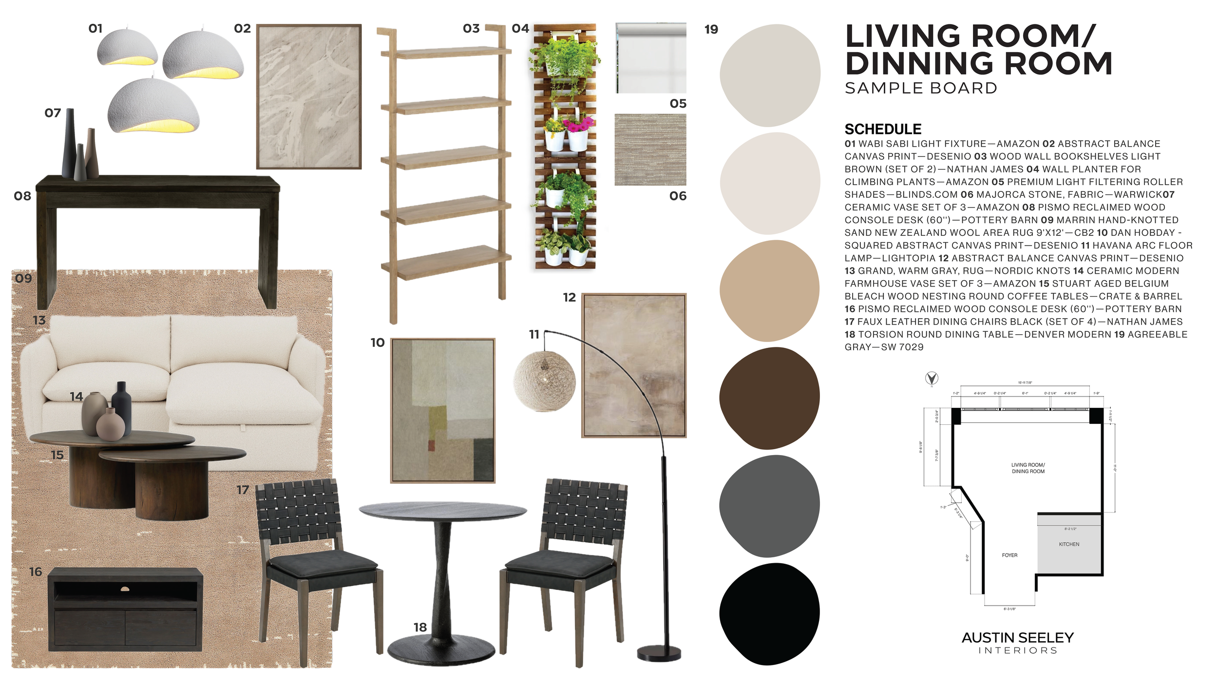 Interior design sample board for 600 on Broad featuring warm neutral tones, textured fabrics, wood furniture, and modern lighting selections.