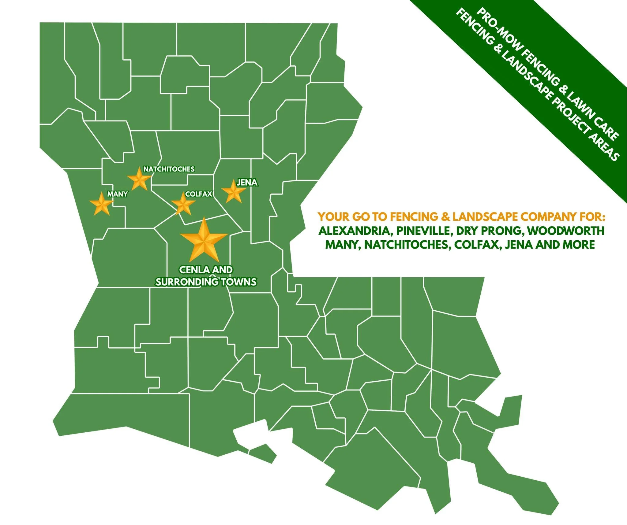 📍CHECK OUT OUR PROJECT SERVICE AREAS📍
We proudly provide fencing and landscaping services throughout CenLA and beyond including Alexandria, Pineville, Woodworth, Dry Prong, Natchitoches, Many, Jena and more.
If you&rsquo;ve got a project in mind, t