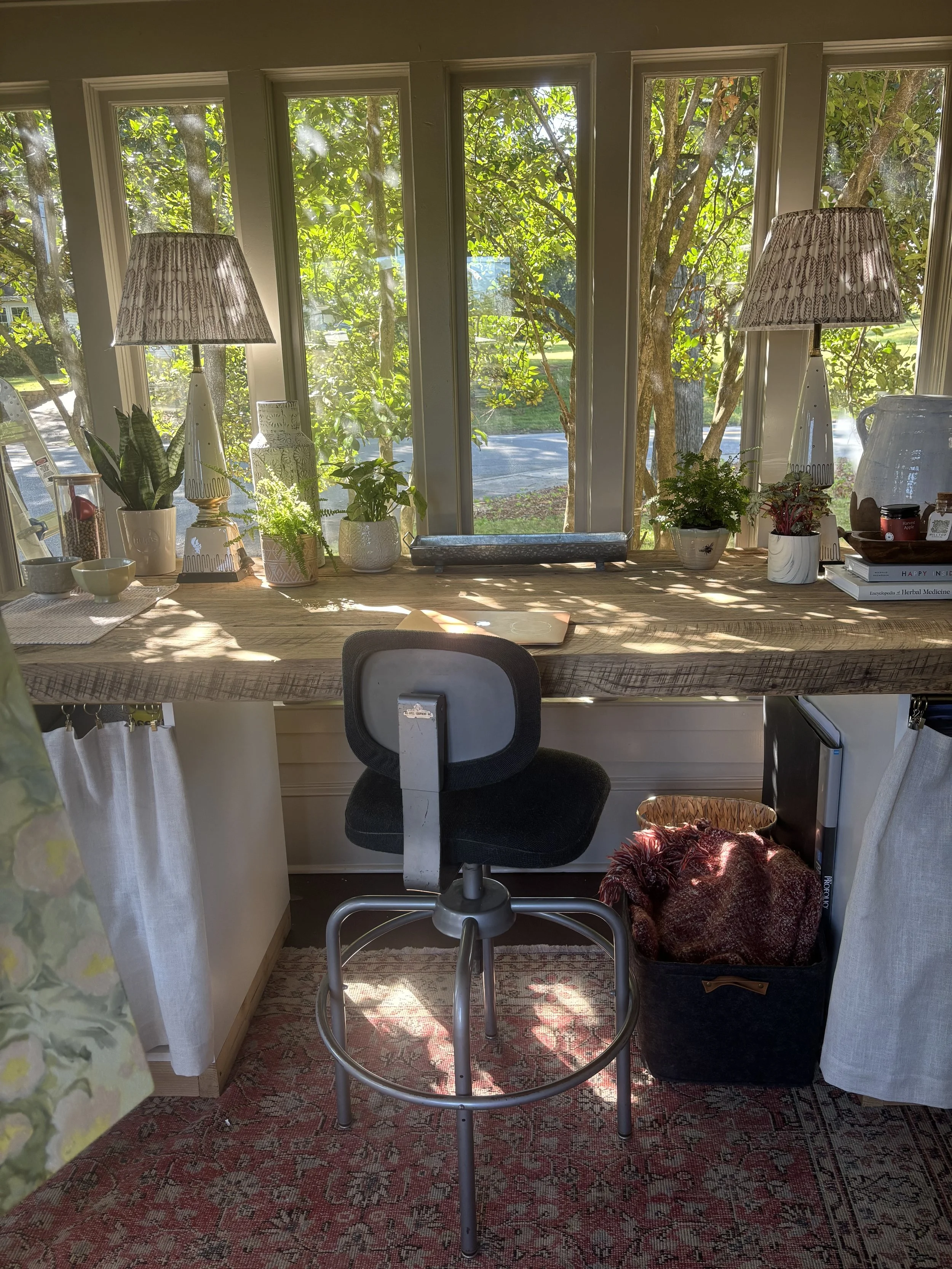 A cozy indoor workspace with a wooden desk facing large windows with green trees outside. On the desk are several potted plants, lamps, bowls, and books. A black office chair with a white backrest is in front of the desk, and beneath it is a patterned red rug. To the right is a black basket with a red blanket inside. The sunlight filters through the trees outside, creating shadows on the desk and floor.