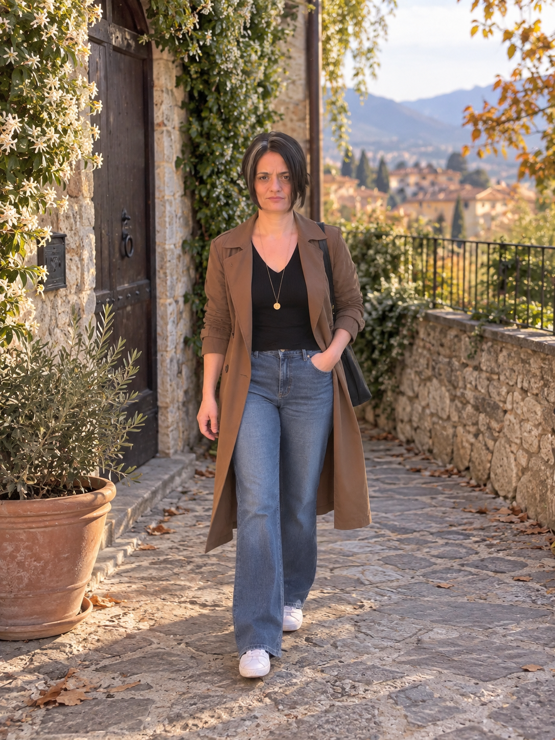 Vanessa Galperti in un borgo, circondata da luce e colori autunnali.