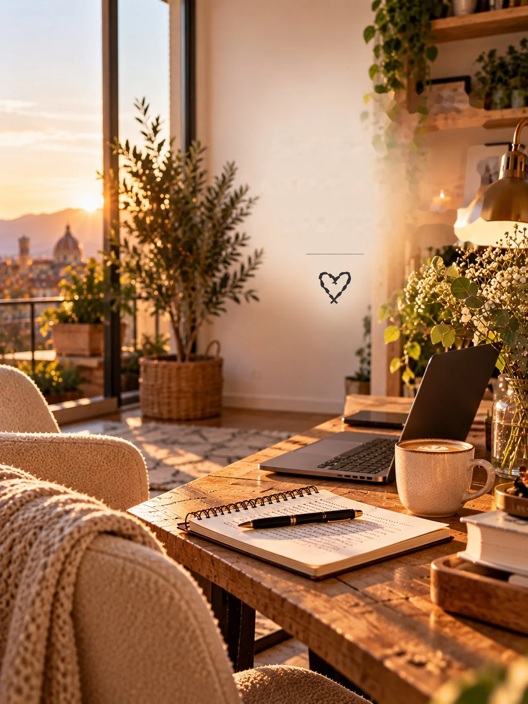Scrivania luminosa con laptop, quaderno e tazza, in un ambiente ordinato dedicato al lavoro quotidiano.