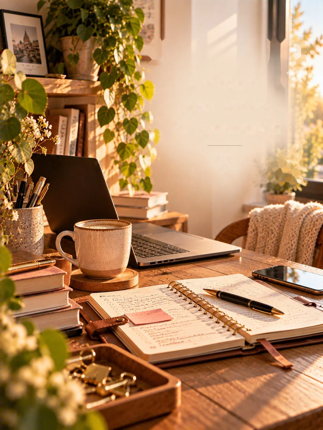 Scrivania tranquilla con laptop, quaderno e tazza, pronta per un momento di lavoro concentrato.
