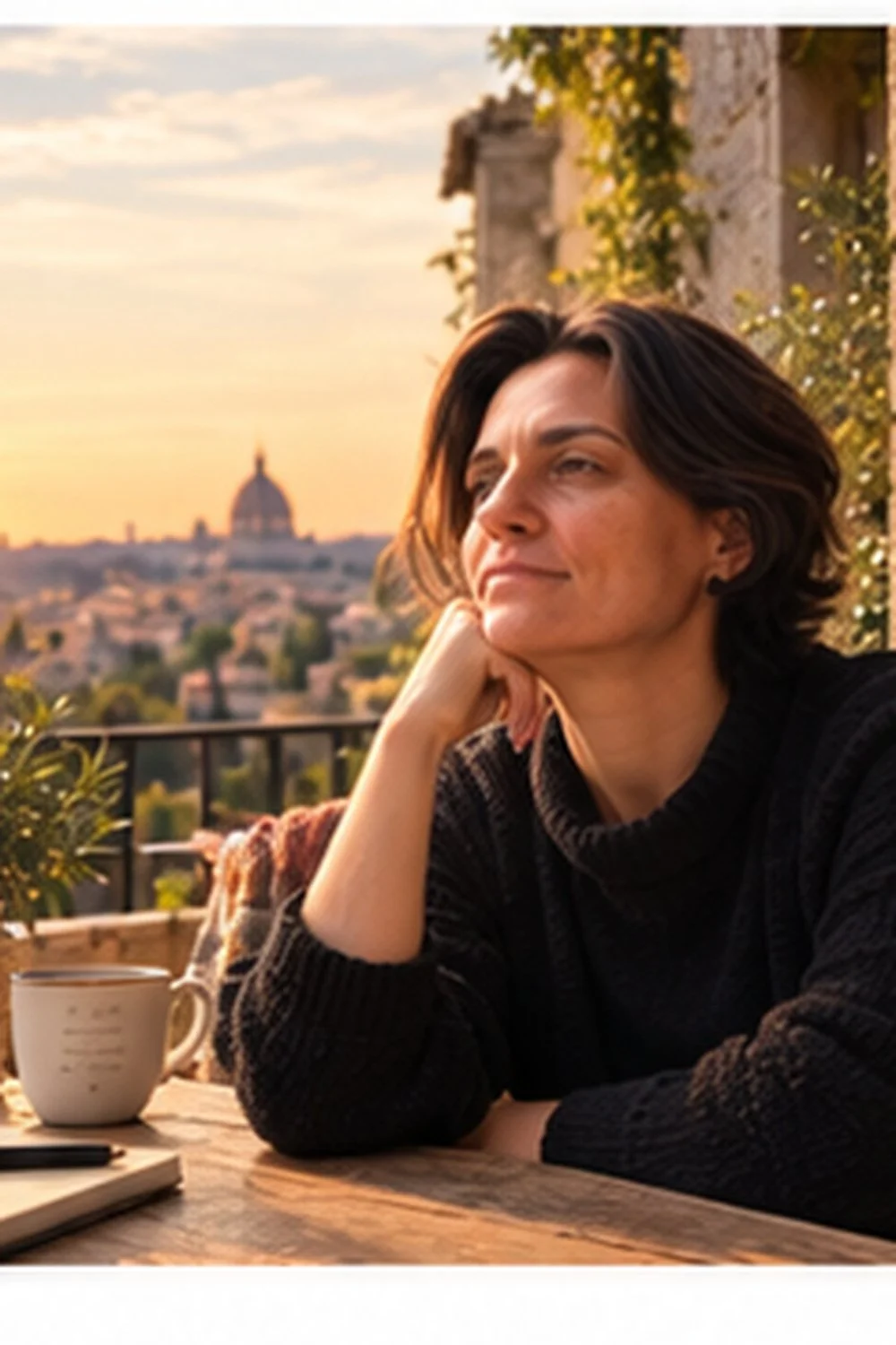 Vanessa seduta a un tavolo all’aperto al tramonto, assorta nei pensieri.