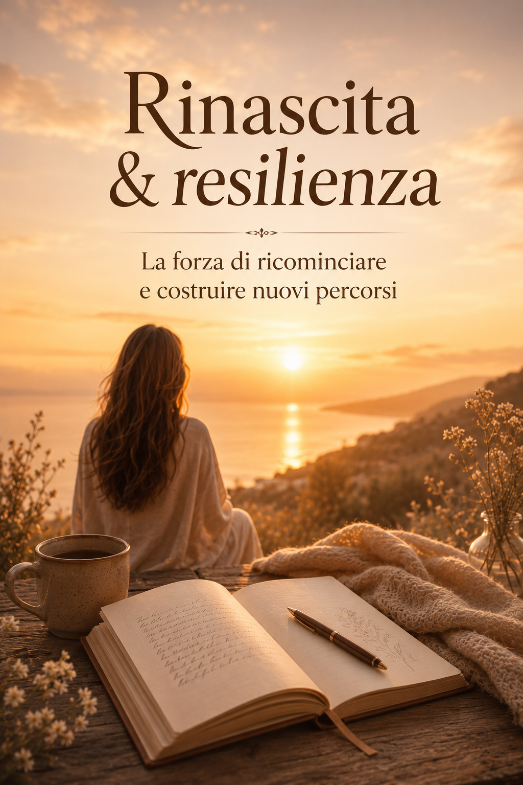 Una donna seduta davanti a un tramonto sulla costa, con una tazza, un quaderno aperto con una penna, e fiori in un vaso, in un ambiente sereno e tranquillo.