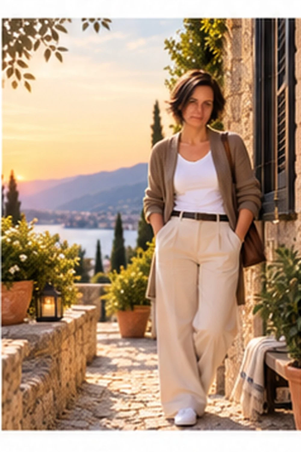 Vanessa cammina all’aperto in un borgo luminoso, con il paesaggio sullo sfondo.